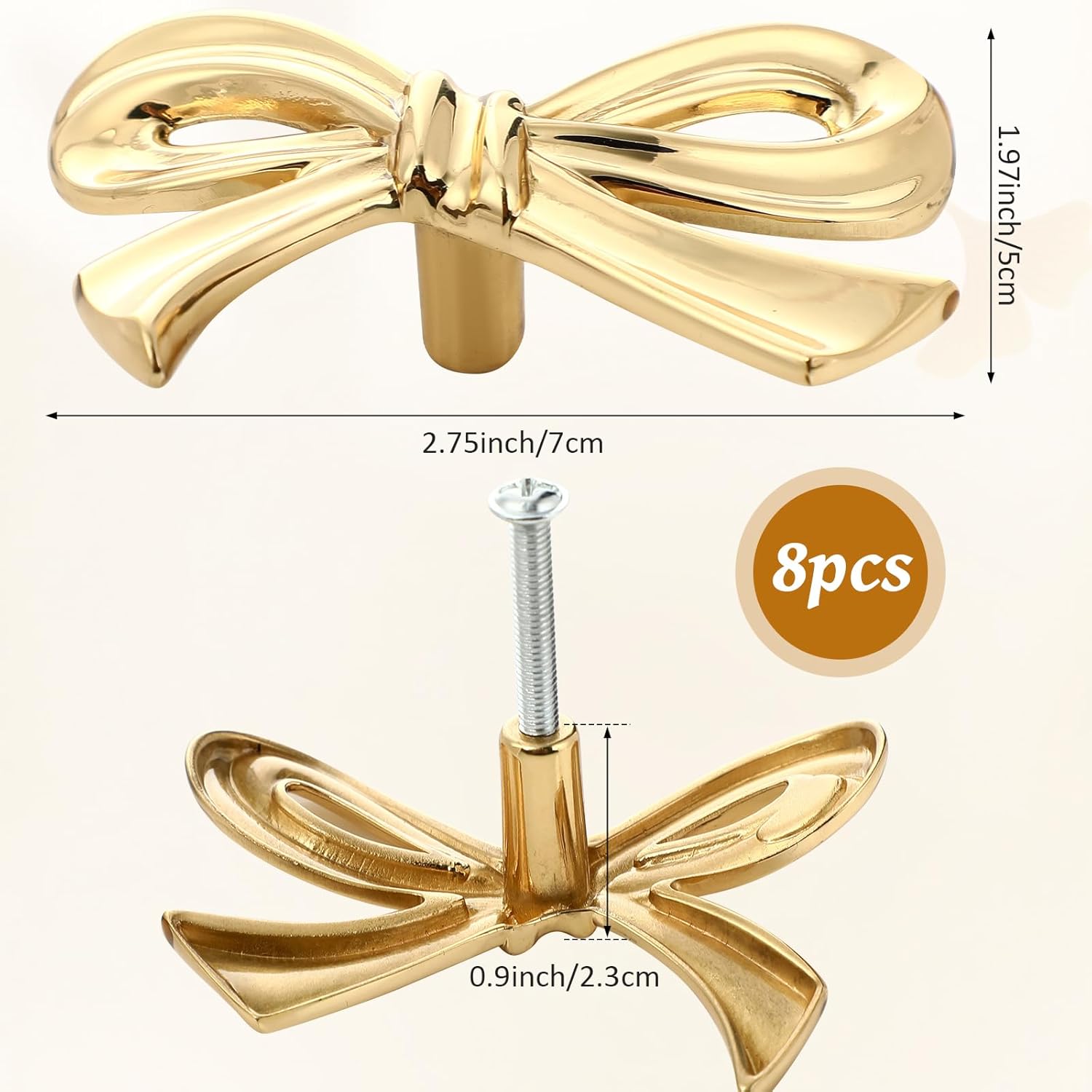 8 Pack Gold Bow Knobs - Solid Brass Bow Drawer Pulls for Dresser, Cabinets & Furniture | Decorative Bow Cabinet Handles | Bow Knobs for Drawers, Wardrobe (Antique Brass) [8PCS]