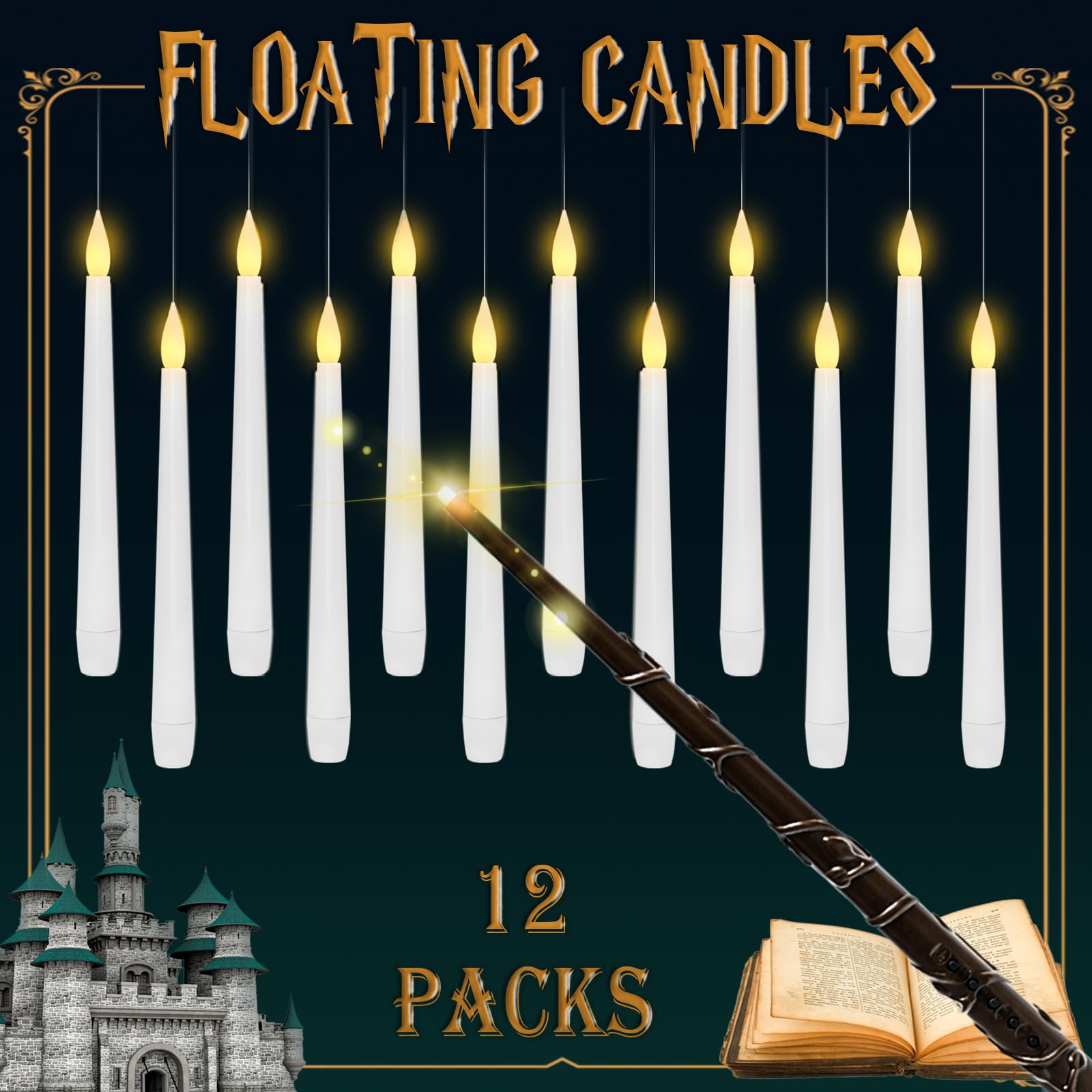 Lezonic Floating Candles with Wand Remote, Set of 12 Magic Flameless Candles Battery Operated, Flikering Hanging LED Taper Candlesticks Halloween Decorations, 0.51" x 6.7"