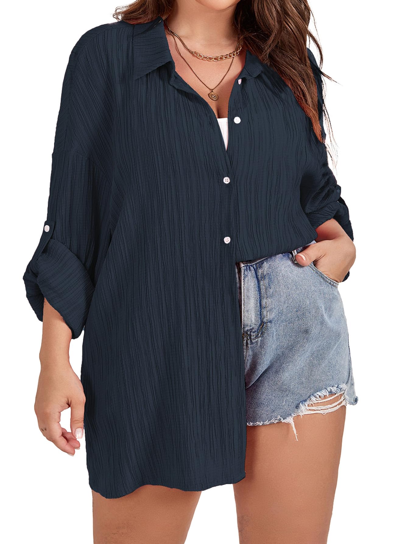SCOMCHIC Women Plus Size Button Down Shirts Long Roll Up Sleeve V Neck Collared Casual Blouses Oversized Shirt Tops