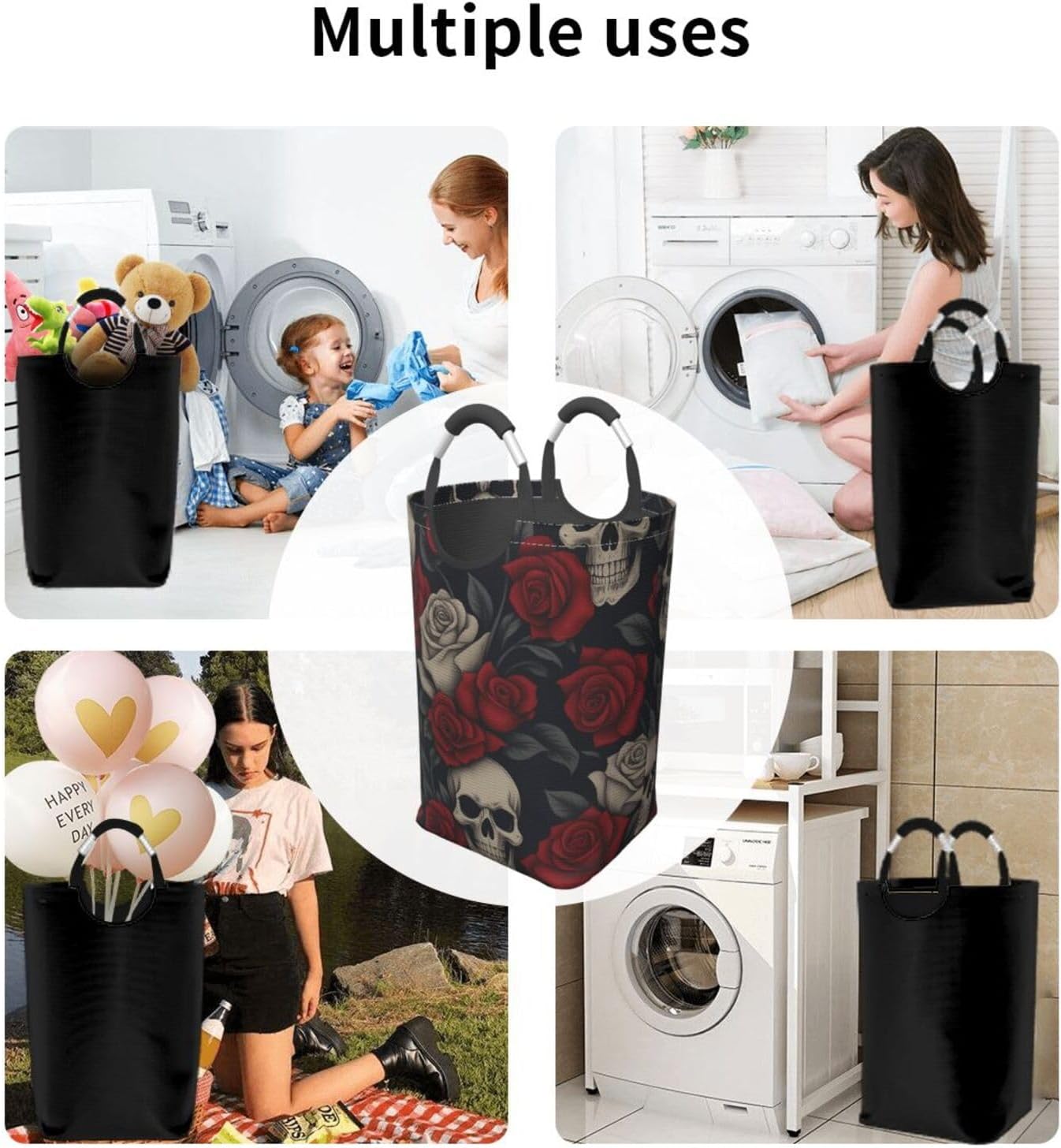 Gothic Skull, Red And White Rose Square Dirty Storage Bags Handles Laundry Clothes