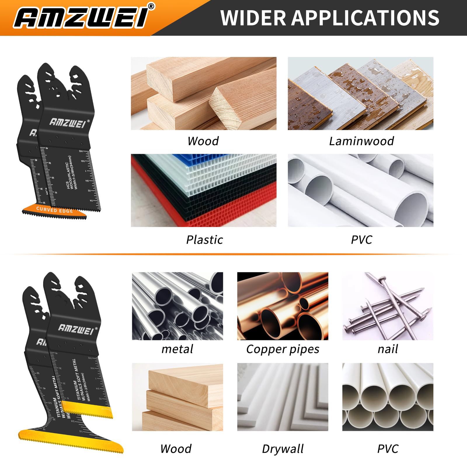 AMZWEI 118 lame oscillanti per legno e metallo, lame professionali per sega oscillante con bordo curvo e lame multiuso in titanio, compatibili con Dewalt, Milwaukee, Ryobi, Rockwell, Fein, Makita