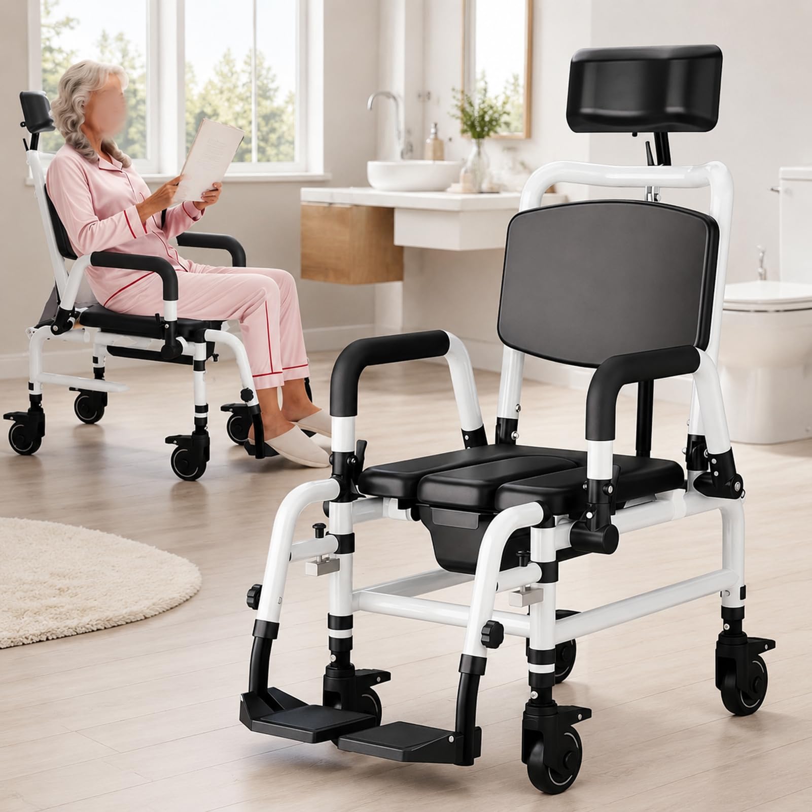 GZGHRZQS Commode Chair for Toilet, Disabled Shower Chair, Wheeled Commode Chair, with Soft Seat Padding and Brakes, Tilt-In-Space Reclining Shower Toilet Wheelchair with Commode Pail