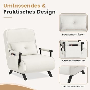 YOUDENOVA 4-in-1 Sleeping Chair with Bed Function 150 kg Load Capacity Sofa Bed with 5-Way Adjustable Backrest Sofa with Hanging Bag Sofa Bed Guest Bed Folding Sofa 184 x 63 cm Dark Grey