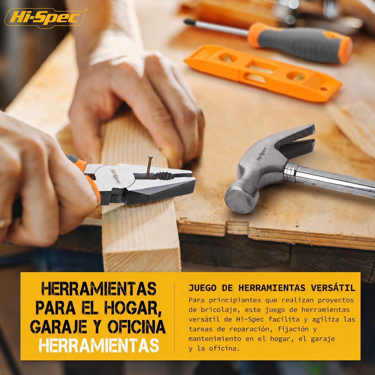 Hi-Spec Kit de Herramientas con Taladro Atornillador 18V, Amarillo | 30 piezas, vasos, destornillador, brocas para madera y metal, alicates y martillo en maletín, uso diario