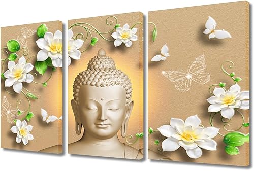 Vista 353 de TUMOVO Wall Art for Living Room Buddha Sculpture Flower Paintings Canvas Wall Art 3 Panel Wall Art Canvas Artwork Wall Decor Large Wall Decor Canvas