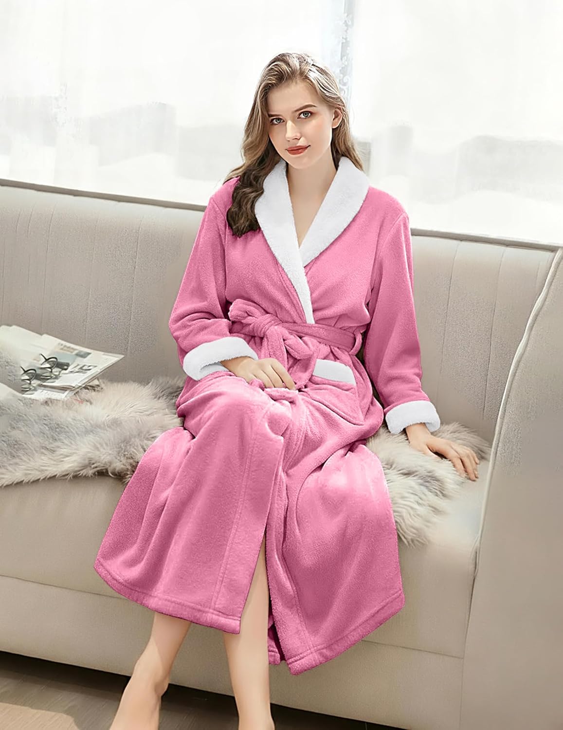 Ekouaer Robes for Women Soft Long Bathrobe Lightweight Fleece Shawl Collar Spa Robe Cozy Sleepwear with Pockets S-XXL - Image 2