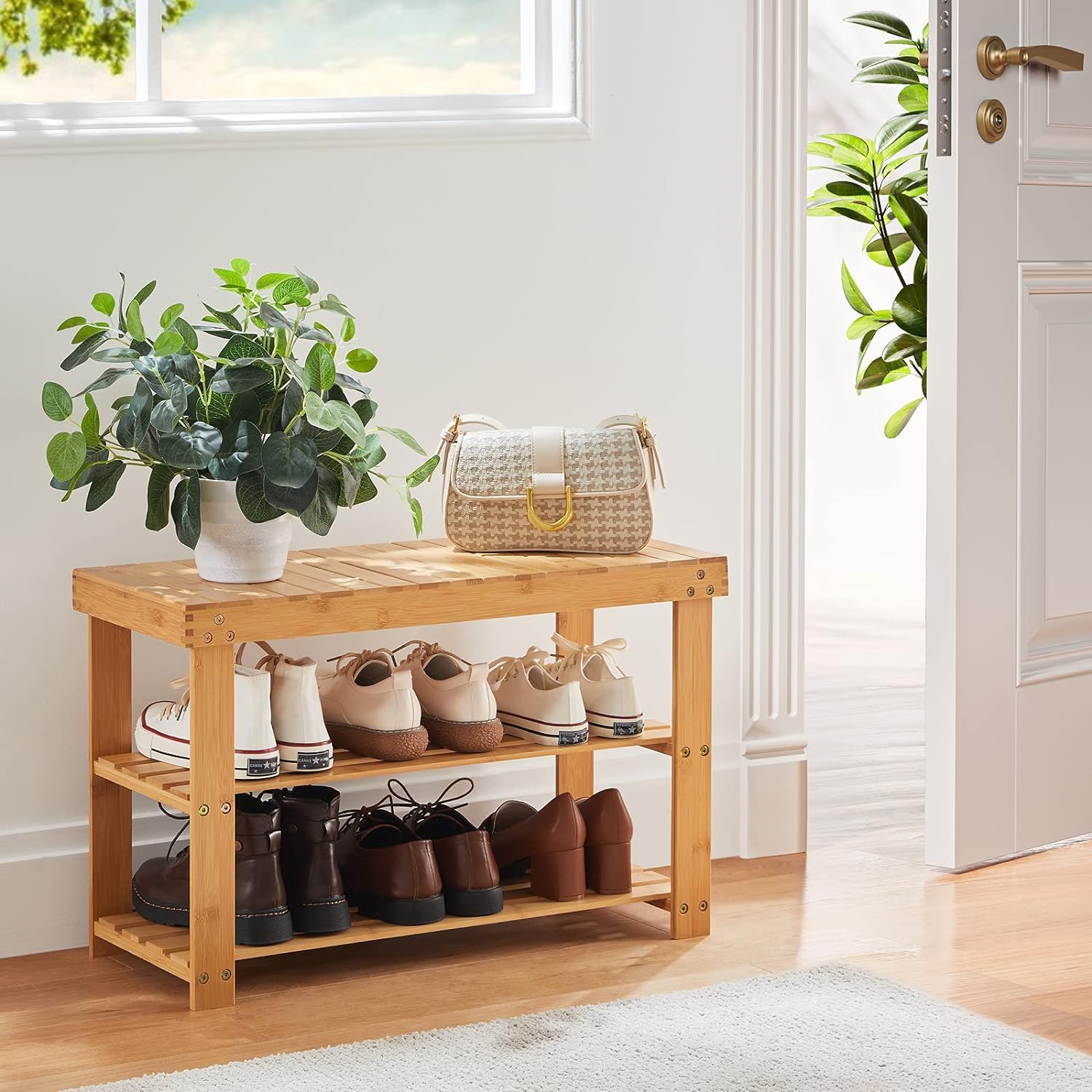 Delavala Bamboo Shoe Bench with Storage Shelf -for Entryway Corridor Bedrooms and Balconies a Shoe Storage Bench, a Shoe Cabinet with a Long Seat Hallway Seating Balcony Organizer, Space-Saving 2