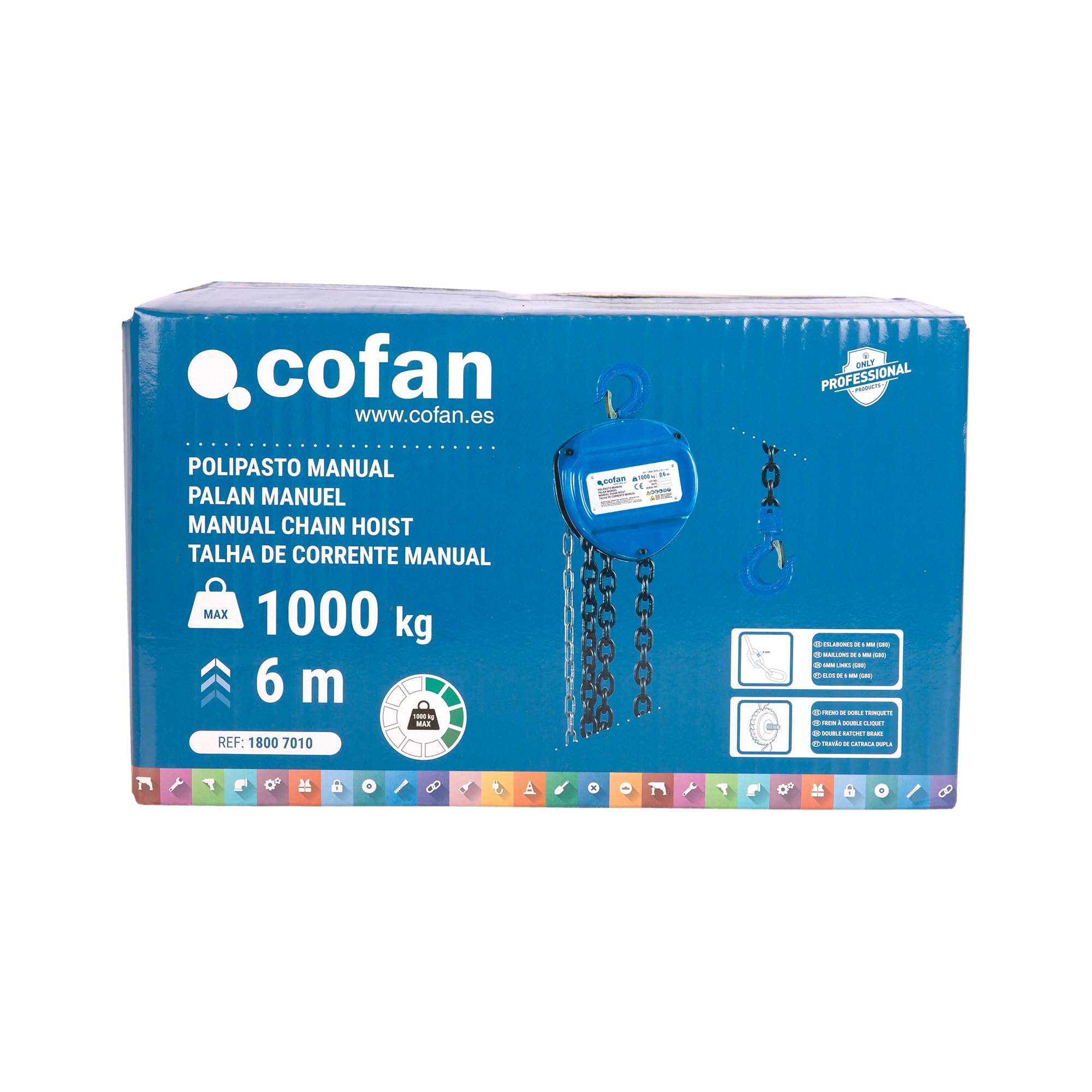Cofan Polipasto de cadena manual | Altura de elevación: 6 m | Capacidad de carga: 500, 1000, 2000, 3000 o 5000 kg | Color: azul | Gancho resistente (Azul, Carga 1000 kg)