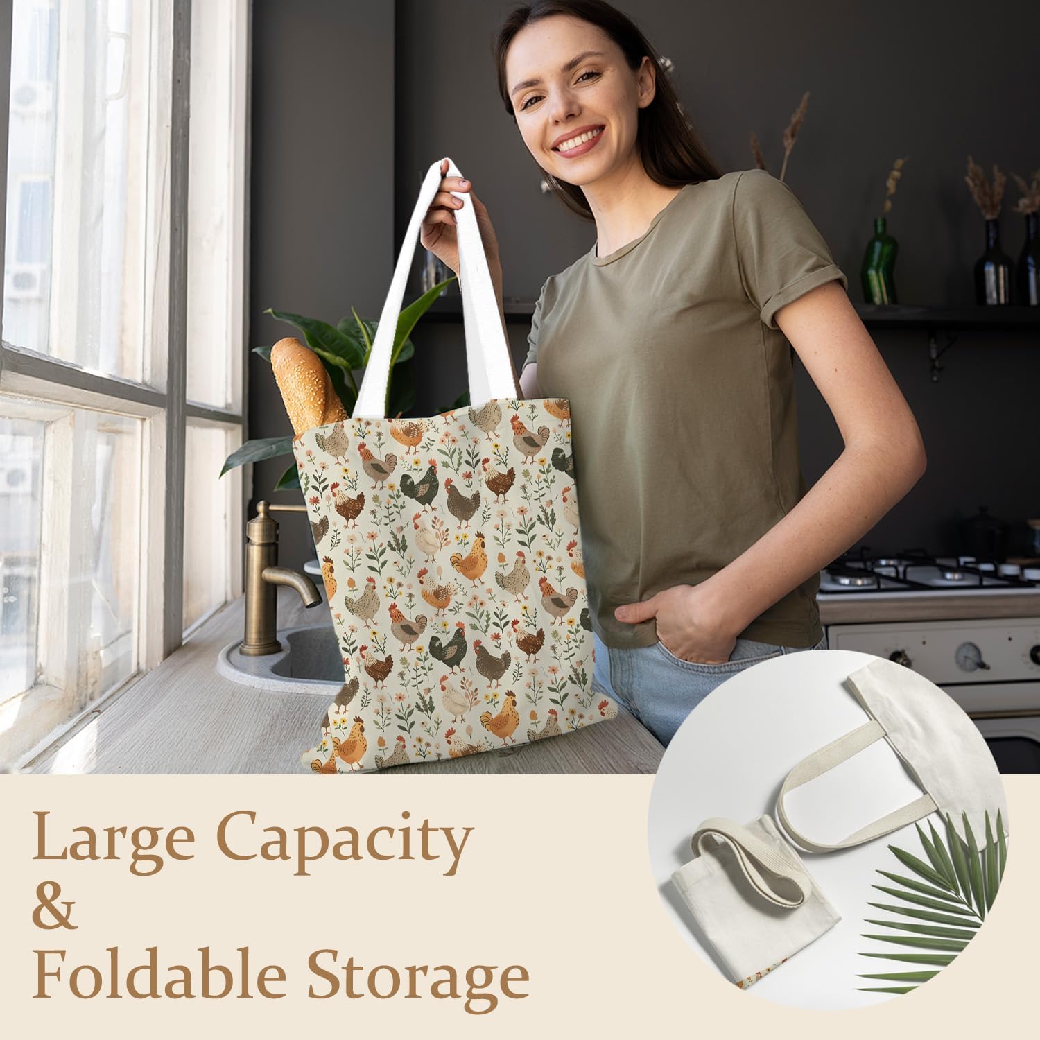 Floral Chicken Tote Bag, Rustic Chicken Canvas Tote Bags for Women, Chickens Lover Mom Lady Gifts, Farmhouse Animal Rooster Hen Reusable Grocery Shopping Bags - Image 3