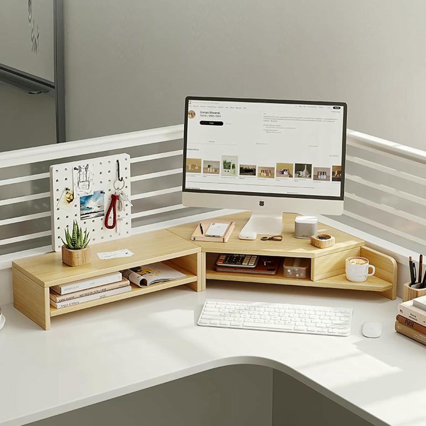 Support d'écran en bois double couche pour un bureau en L épuré