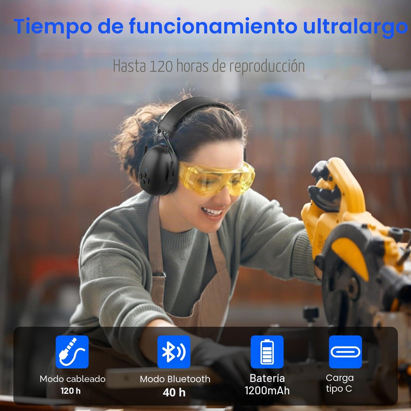 Auriculares protección auditiva Bluetooth 5.4, 120 Horas reproducción, micrófono Integrado, SNR 30 dB, Protectores auditivos con cancelación de Ruido para Cortar el césped, Trabajar la Madera