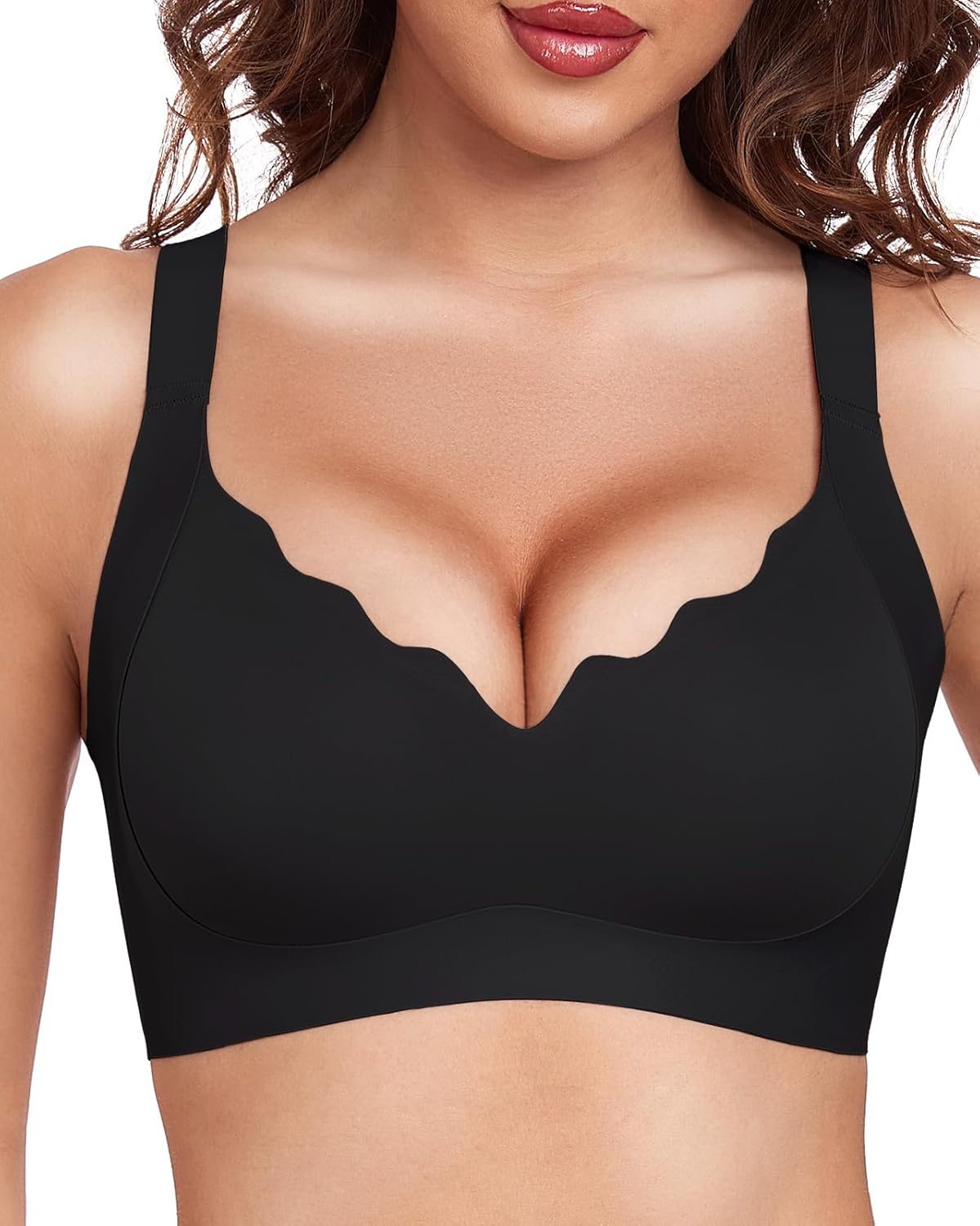 Quttlzze Scalloped Lift Bras for Women No Underwire Buttery Soft Push Up Wireless Bras V Neck Seamless Bralettes