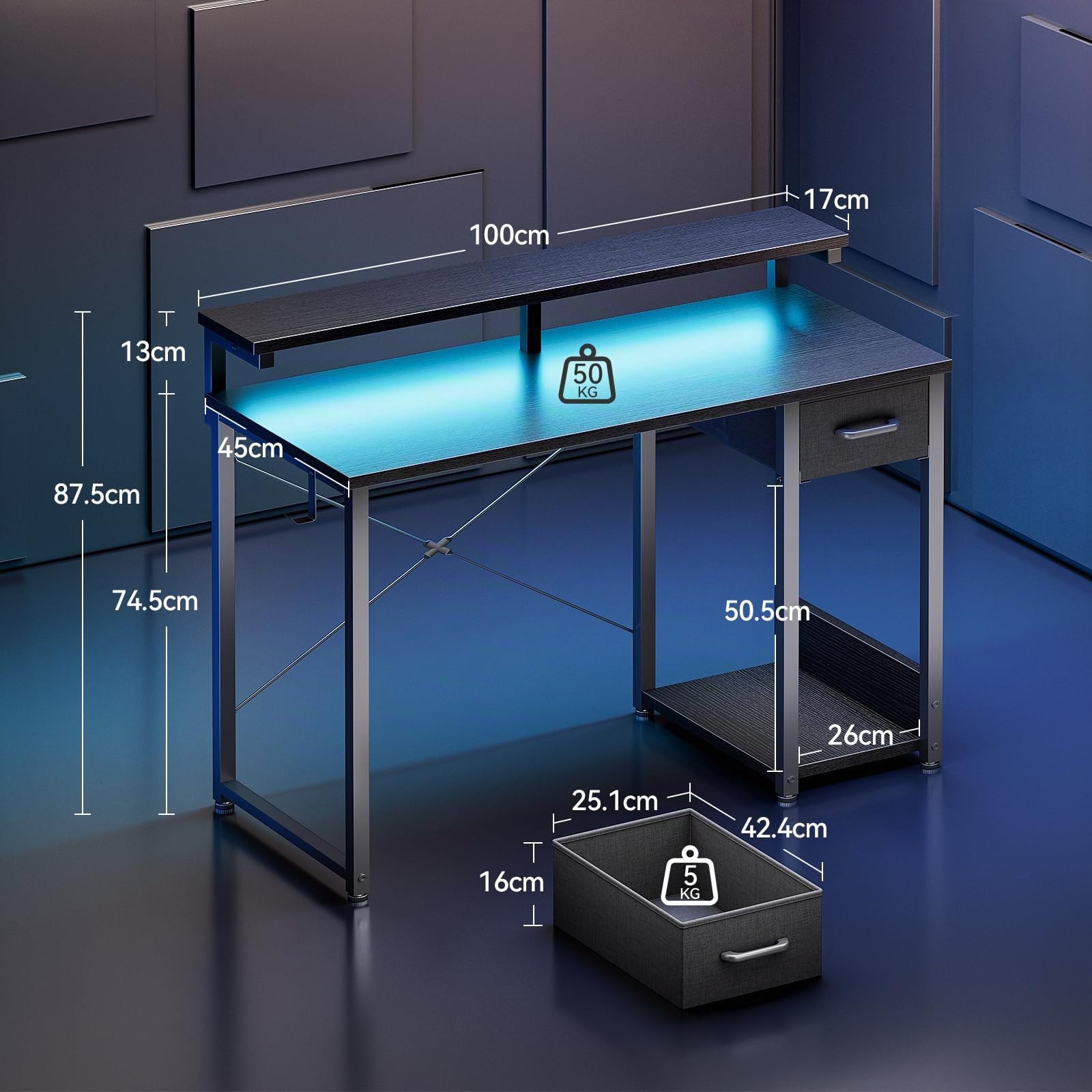 Coleshome Scrivania Gaming con LED, 100x48cm Scrivania con Cassetti, Reversibile Scrivania Piccola con Supporto Monitor e Gancio per Cuffie, Una Perfetta per Gli Spazi Ridotti, Nero