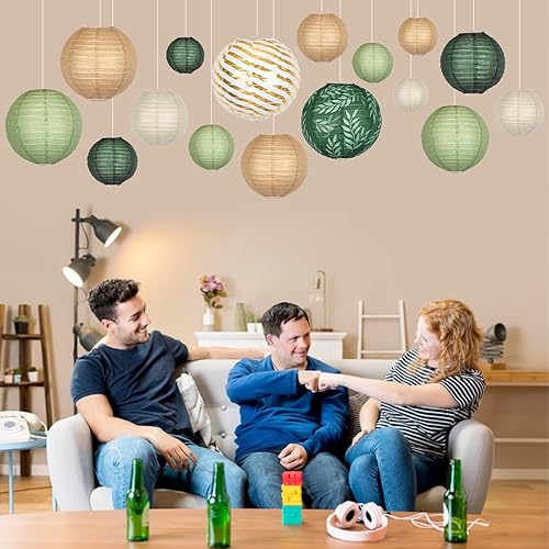 Miniatura 3 de Faroles redondos de papel chinos, decorativos, 16 unidades, color verde salvia, marrón, para graduación, cumpleaños, boda, temática de selva, baby