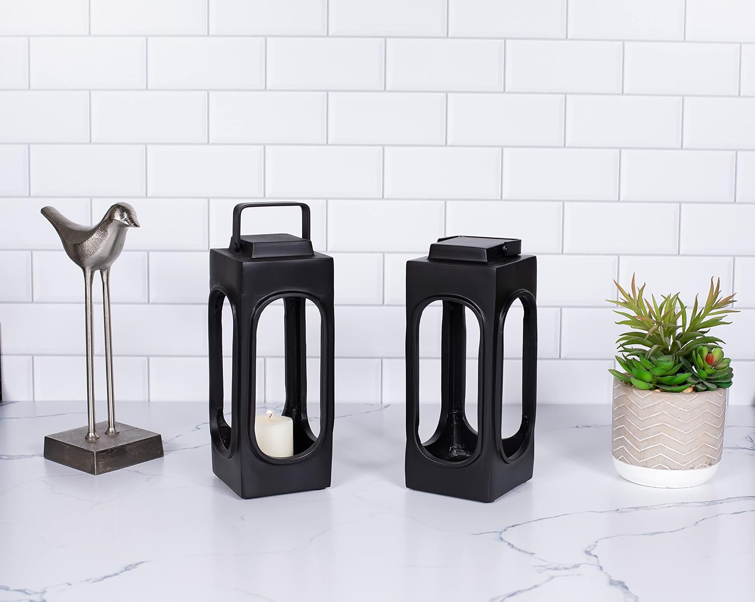 BIRDROCK HOME Candle Lanterns Holders Decorative Indoor Outdoor - Metal Vintage Candle Holders, Tall Rustic Lanterns for Patio Wedding Home Kitchen Table Porch Decor - 4"L x 4"W x 10"H - Black - 2pk