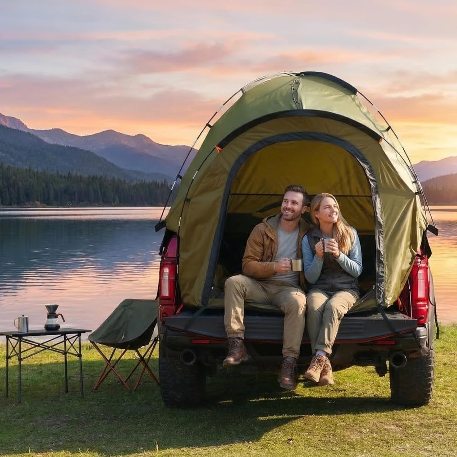 Truck Bed Tent,Waterproof PU3000mm Pickup Truck Tent with Rainfly & Power Tunnel;Truck Tents for Camping,Fits Full Size Short Bed, Easy Set-up for 2 Person,Chevy, Dodge, Ford, GMC, Green.