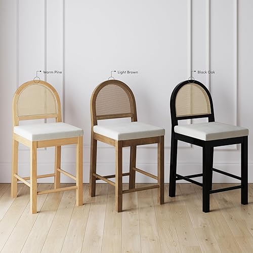 Miniatura 10 de Nathan James Bailey Boucle Taburete de bar tapizado de ratán, taburete de altura de mostrador con respaldo tejido de ratán natural para isla de