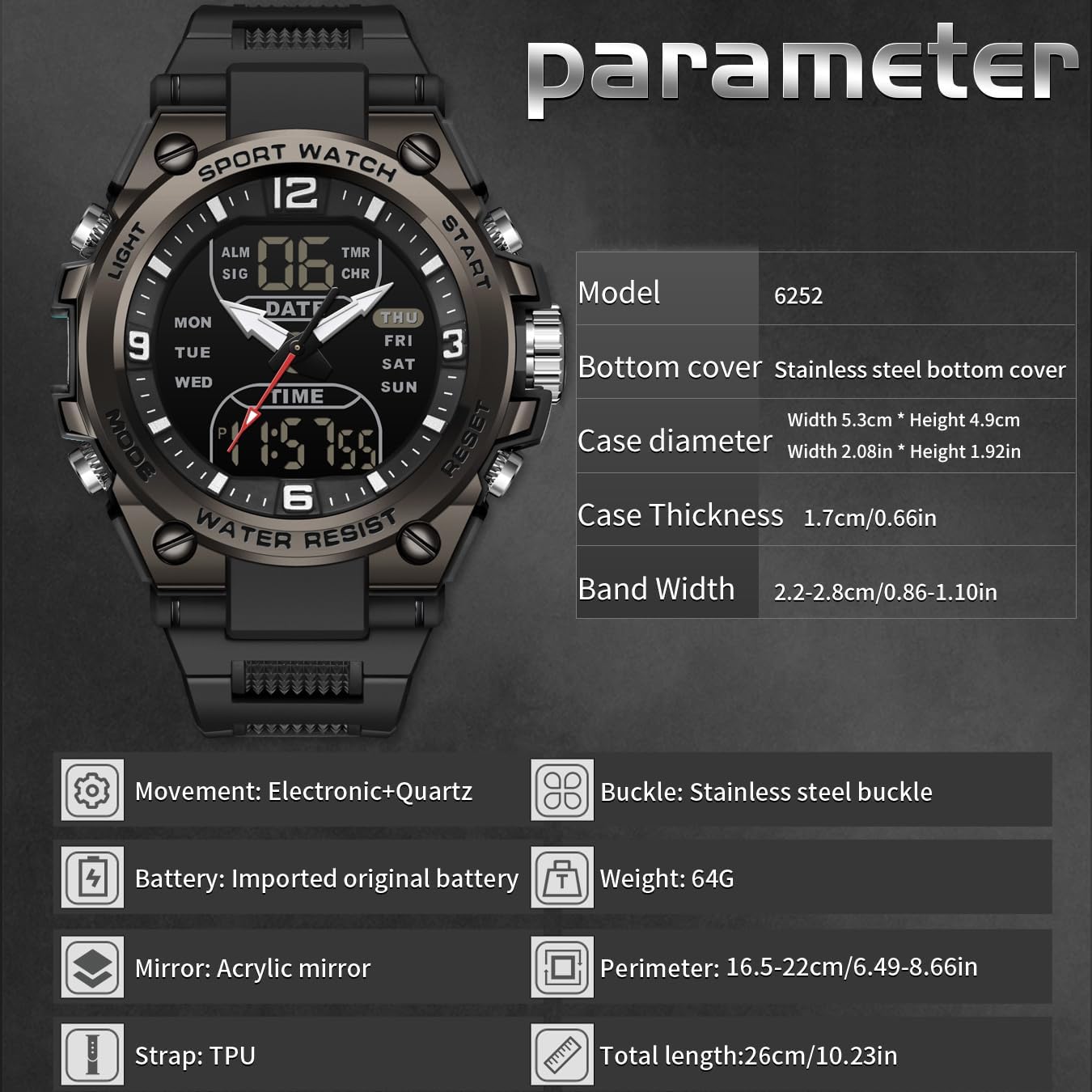 Watch specifications including dimensions, materials, and weight.