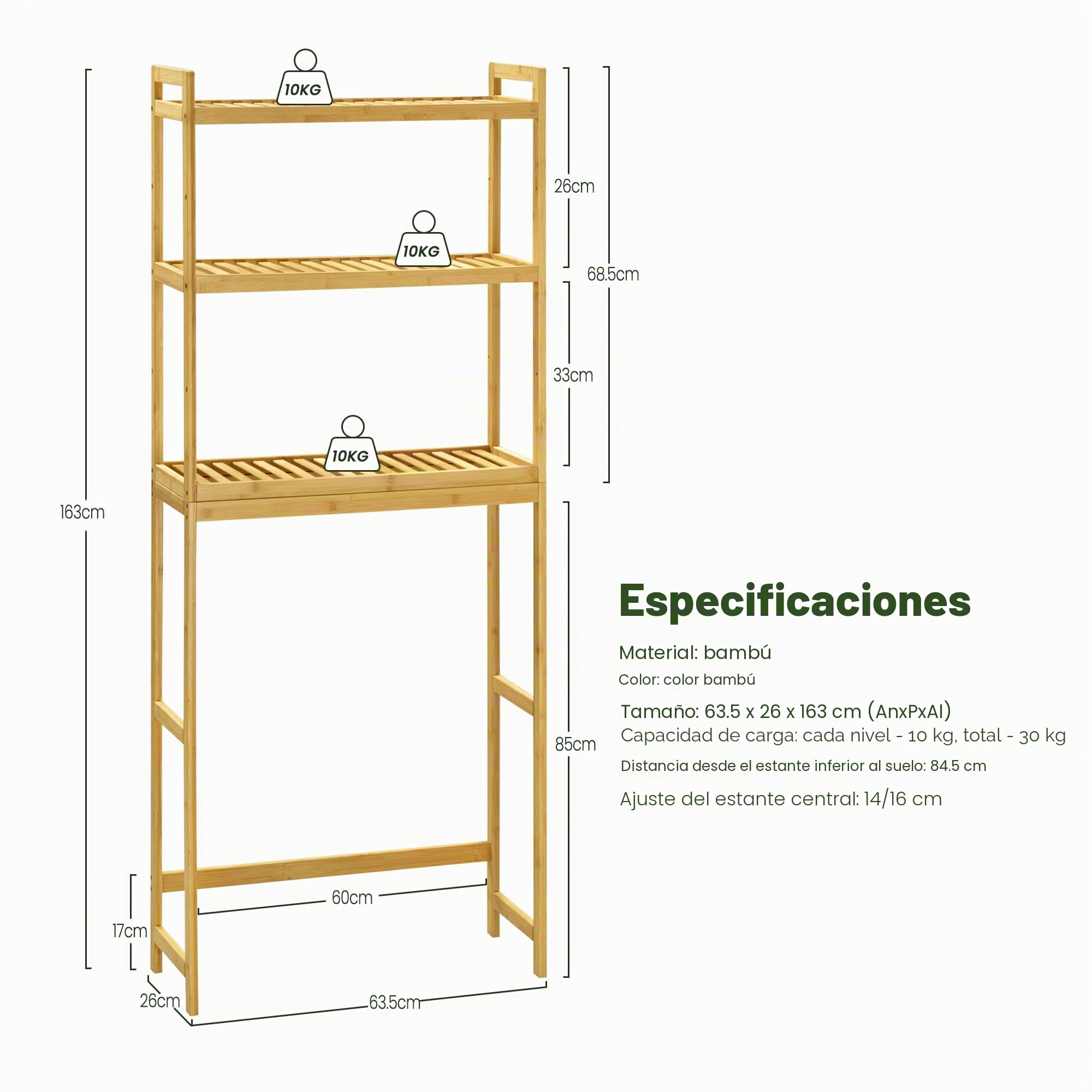 EUGAD Estantería Baño Bambú con 3 Estantes, Estantería Alta Encima WC, Mueble Baño sobre Lavadora con Rejillas Transpirables, 63,5x26x163 cm, Color Bambú Natural