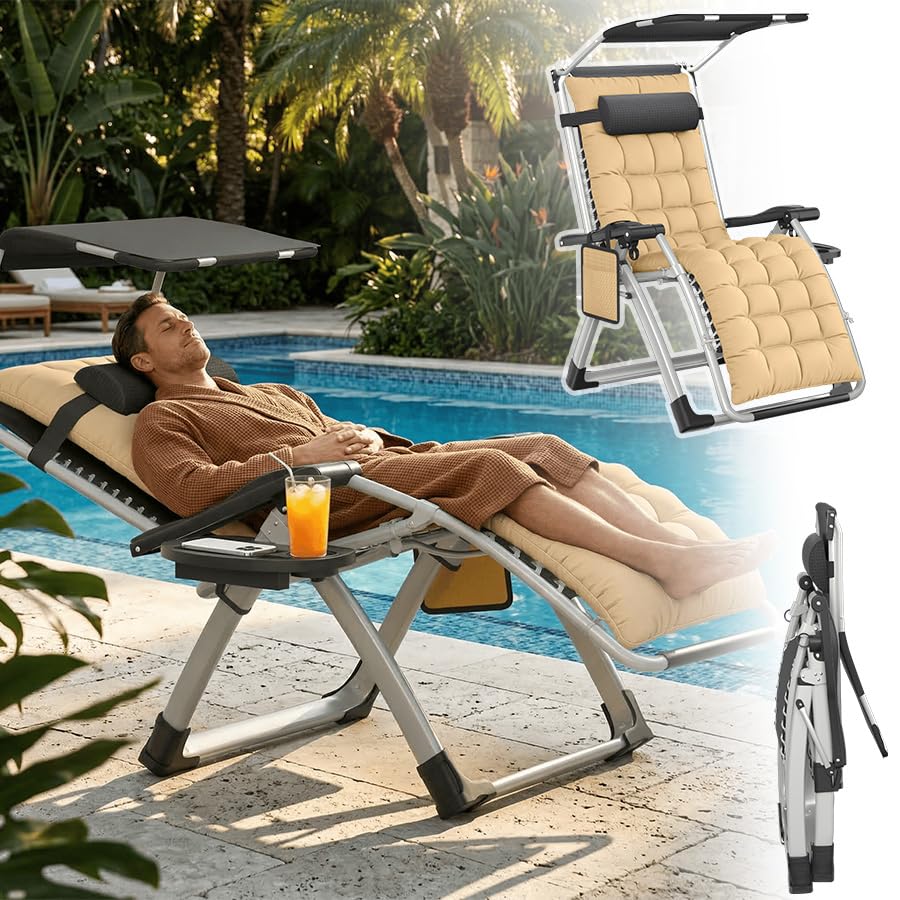 LARS360 Foldable Zero Gravity Sunlounger, Adjustable Recliner with Sun Canopy & Removable Cotton Cushion, Cup Holder Side Pocket, 160kg Metal Frame for Garden Pool Beach, Beige