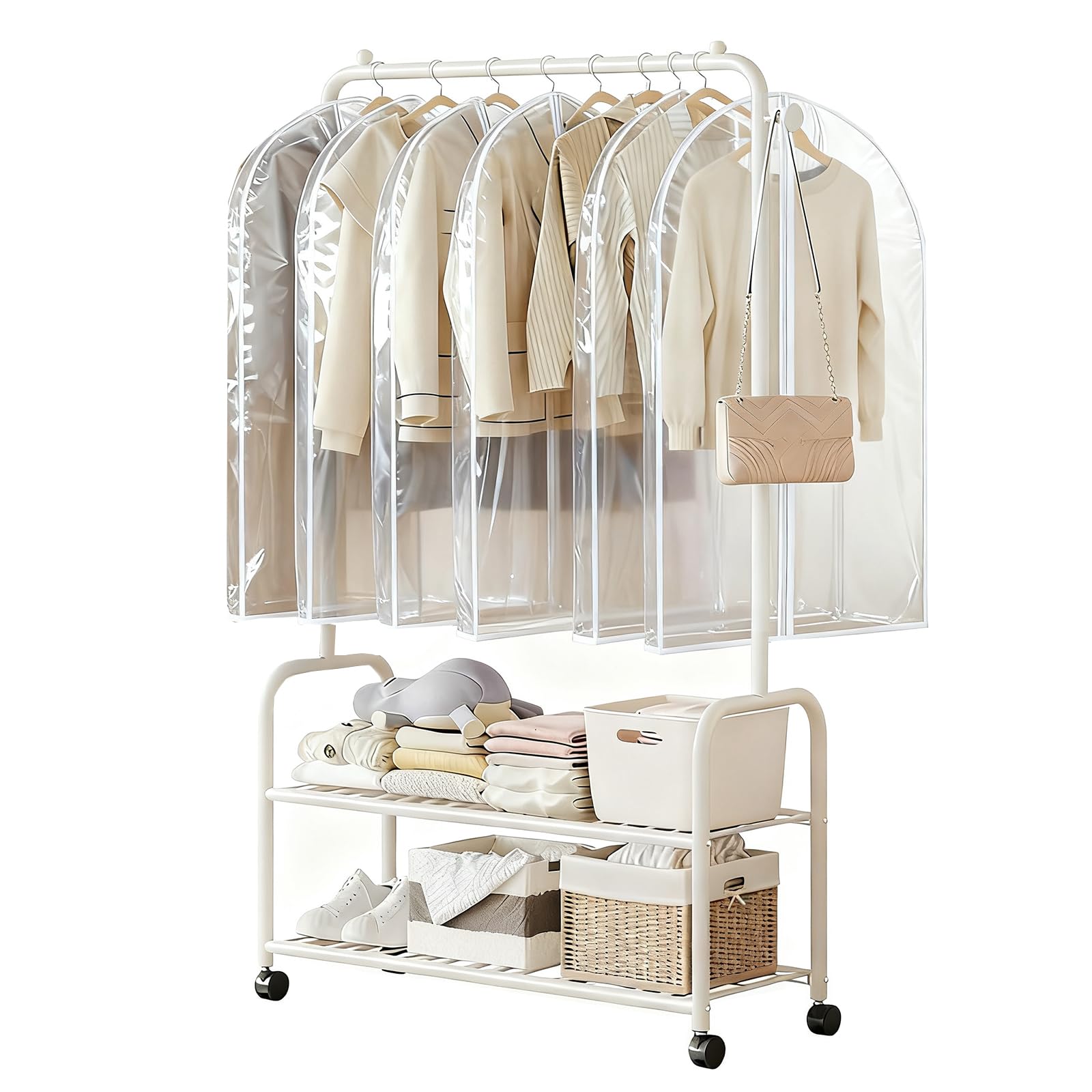 Rollbarer Metall-Kleiderständer mit Rollen und 5 Staubbeuteln, 2-stöckig, freistehend, für Kleidung, Hüte und Schuhe, Weiß (60 x 30 x 165 cm)