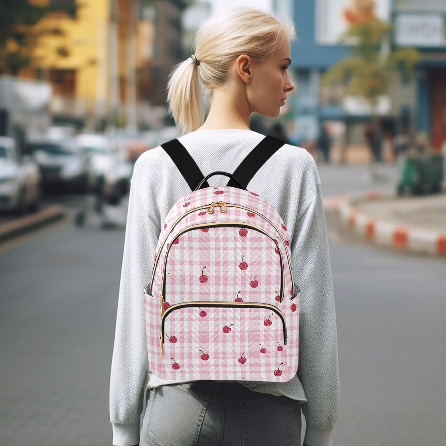 Cherry Pink Plaid Backpack Purse for Women Shoulder Bag Fashion Daypack Ladies Handbag Lightweight Travel Bag Rucksack
