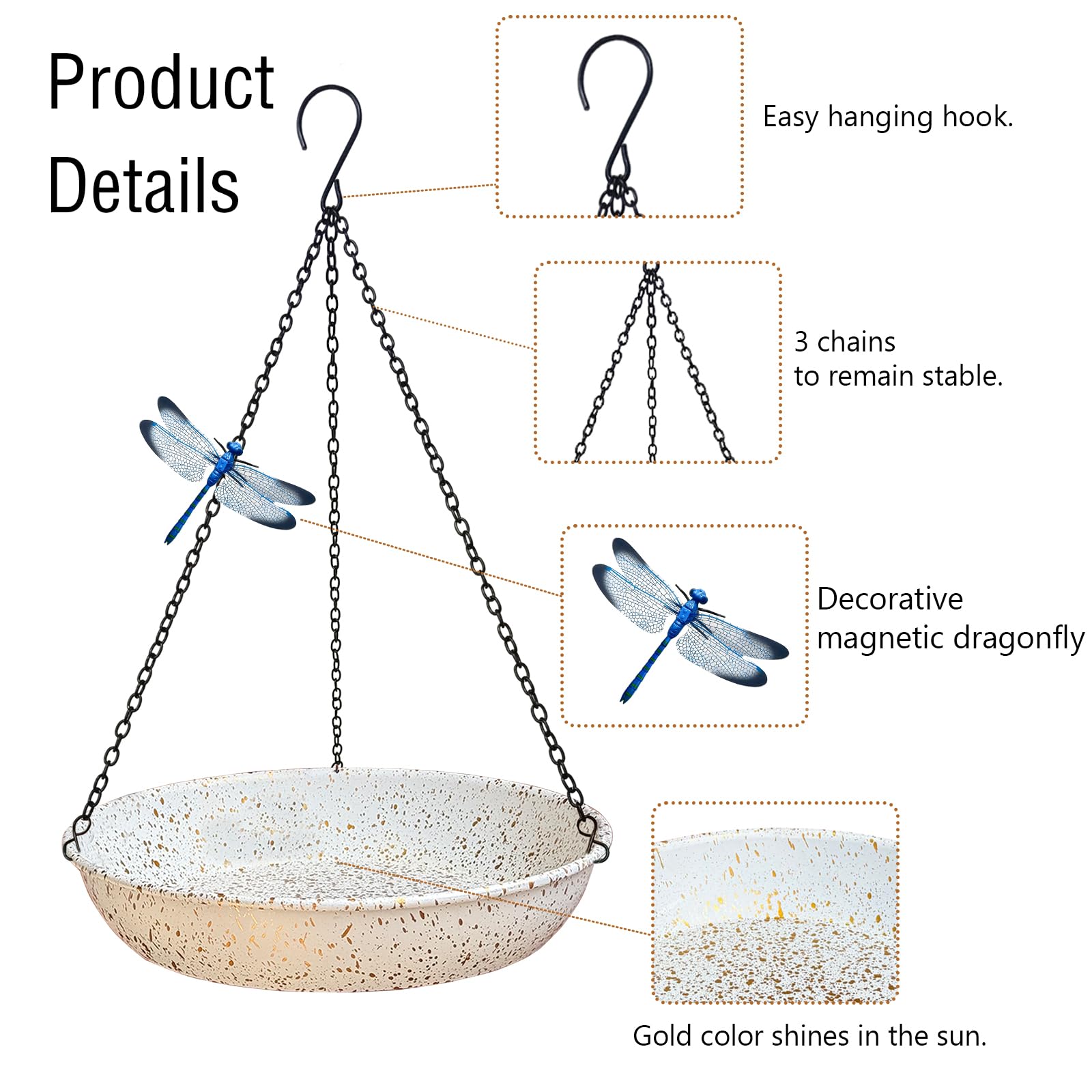 Baños colgantes para pájaros, comedero colgante para pájaros para exteriores, comedero de metal para pájaros silvestres de 11 pulgadas con cadenas negras para decoración de jardín y patio
