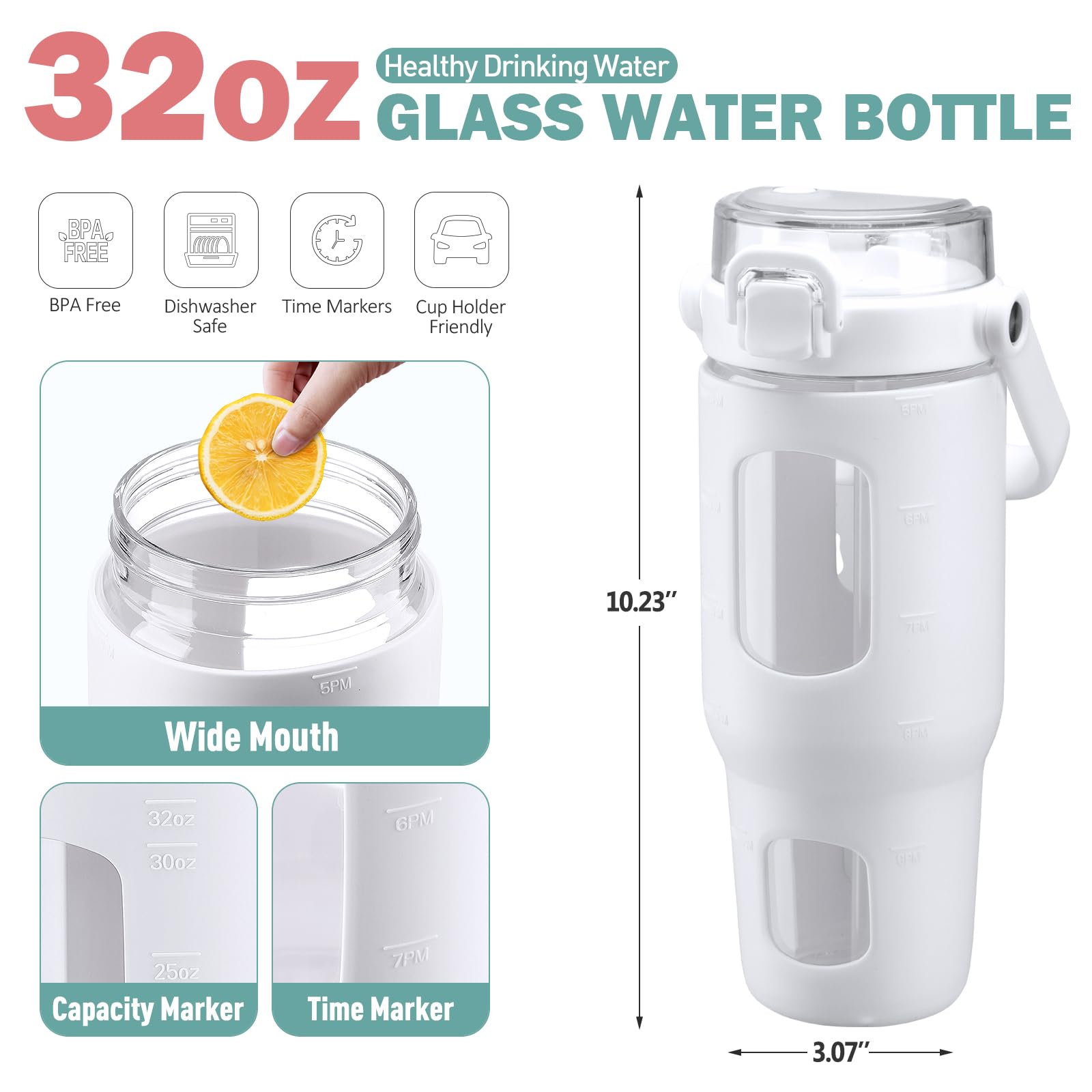 BLUEGO 960ml Bottiglie d'acqua in vetro con cannuccia e indicatore del tempo Bottiglia d'acqua sportiva grande con custodia in silicone 0,96 litri Brocca d'acqua in vetro per palestra, Bianco