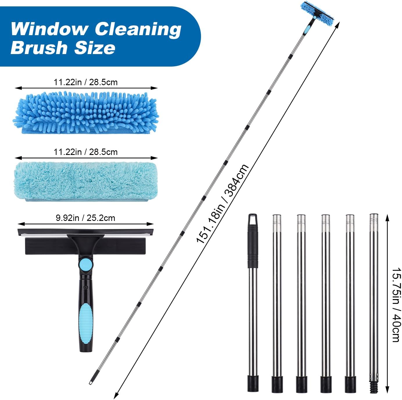 Window Squeegee Cleaner Tool with Extension Pole: 2-in-1 Window Cleaning Kit - 86.6 Inch Telescopic Long Window Cleaning Tool for High Windows Car Glass - with 2 Microfiber Cloth & Squeegee Blade image 5