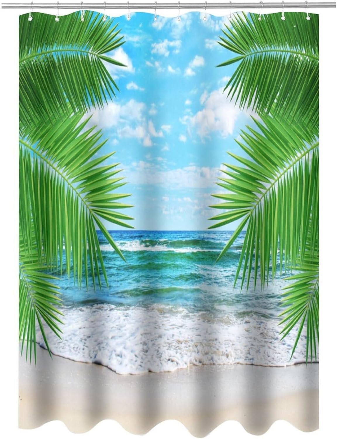 Ocean Beach Shower Curtain, Beautiful Blue Ocean Scenery Beach Coastal Palm Leaf Landscape Print for Bathroom Home Decor Set with 12 Pack Plastic Hooks72x84Inch(183x214cm)