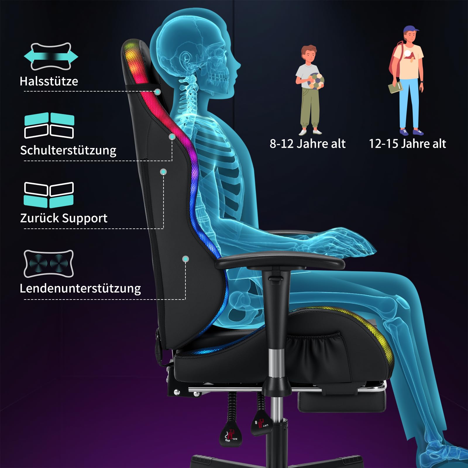 LED Gaming Stuhl für Kinder 155° Computer Stuhl mit RGB Lichter-Schwarz | Liegestühle mit Fußbrett;Ergonomischer Gaming Sessel für Teenager 6-15;PC Gamer Stuhl mit Lumbalstütze für Gaming und Lernen