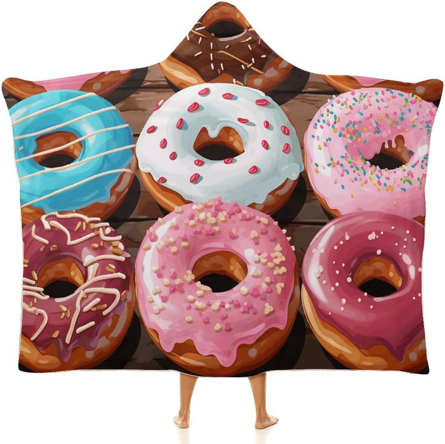 Donuts Wearable Hooded Blanket, Ultra Soft Arctic Velvet Cape Cloak Unisex - Cozy Wearable Blanket