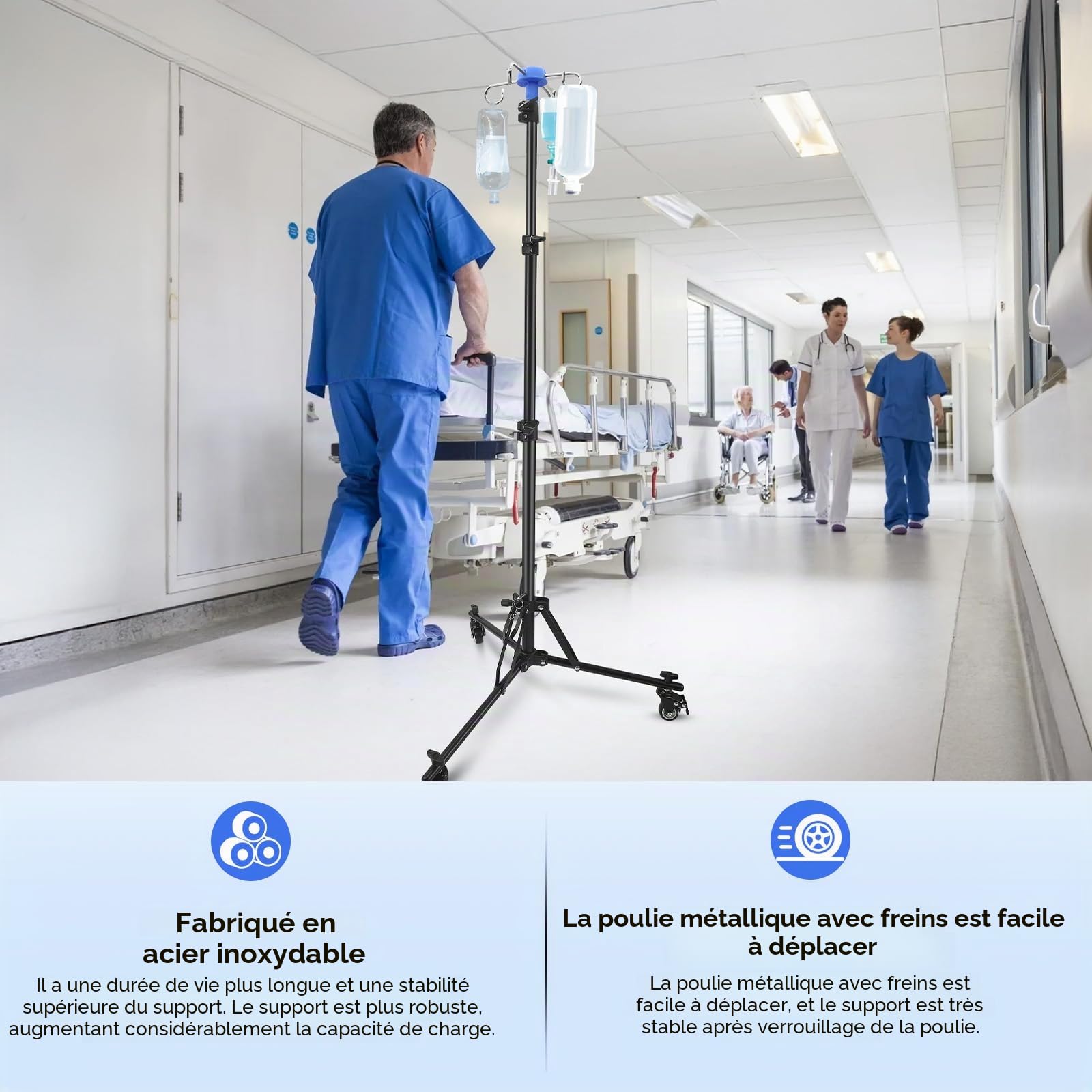 Support Perfusion Mobile Pliable, Potence Perfusion Réglable 85-190 cm avec roulettes à 360° et Freins, Pied à Perfusion 4 Crochets en Alliage d'Aluminium pour Hôpital et Soins à Domicile