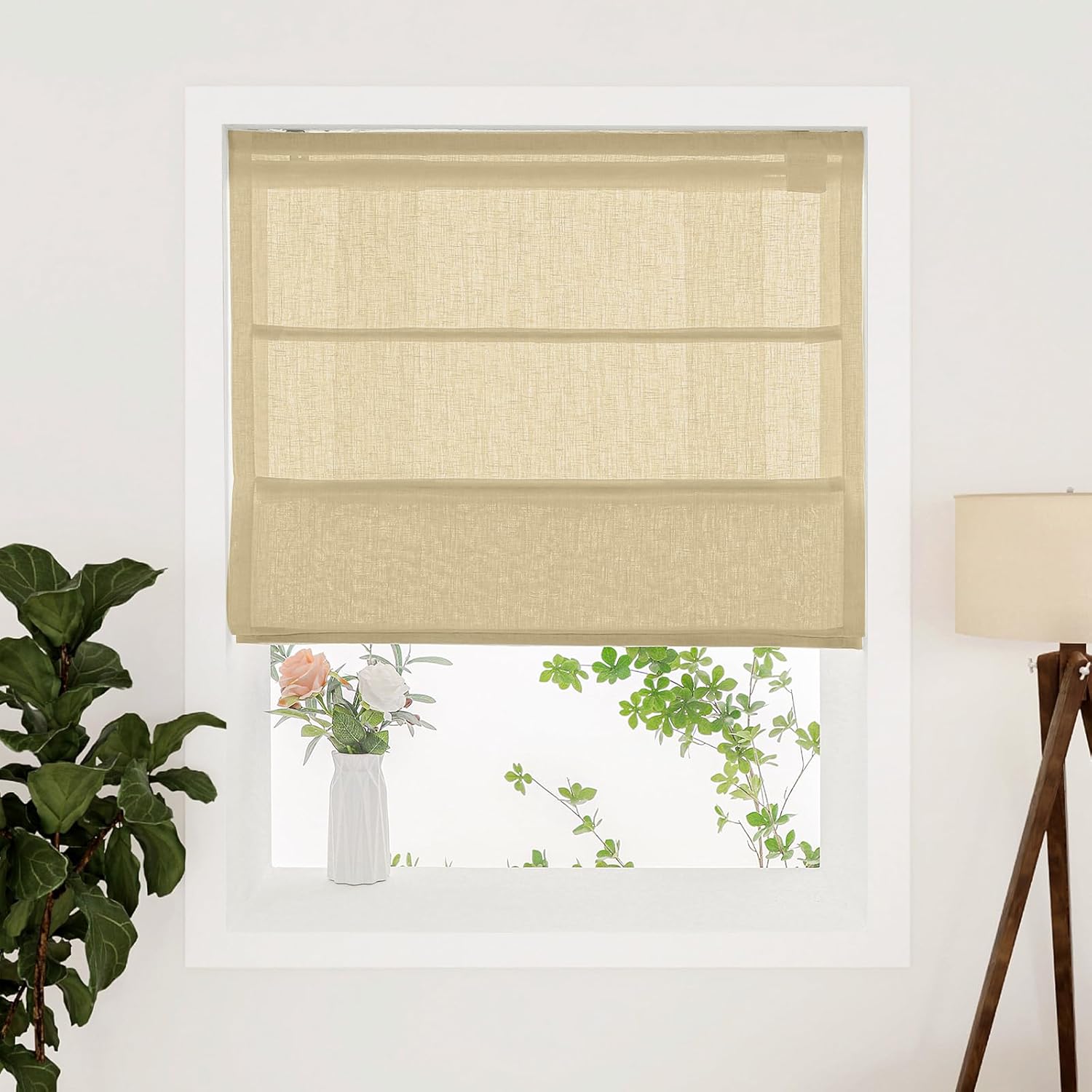 Lustrowin Cordless Roman Shades for Windows | 34x64 Inch Light Filtering Blinds | Sheer Beige Fabric for Kitchen, Doors & Living Spaces Customizable