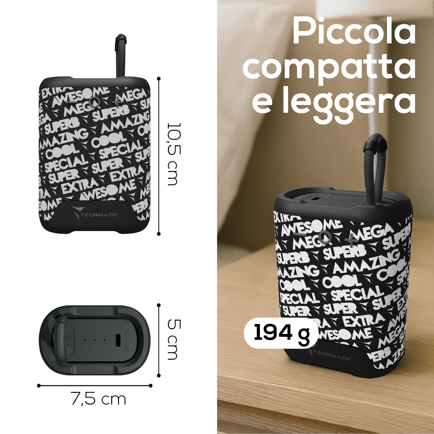 TECHMADE Speaker Bluetooth Portatile, Cassa Altoparlante Wireless con Design Compatto| Distanza operativa 10metri|Connessione senza filo e vivavoce (fantasia nero)