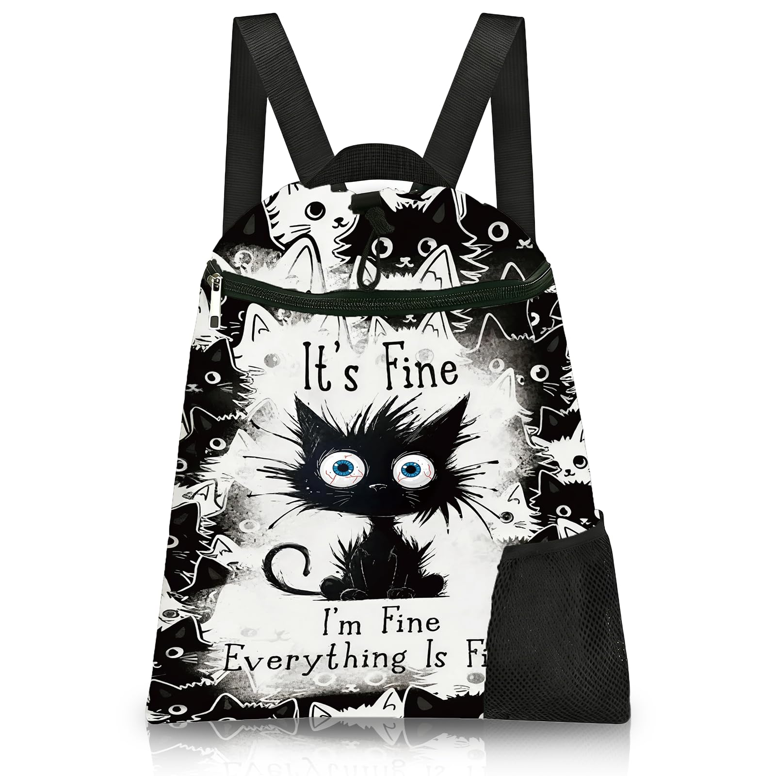 Aurelx Black Cat Drawstring Bags, Waterproof Swim PE Bag, Cute Cat Drawstring Backpack for School Swimming Travel Beach, Portable Draw String Bags for Women and Men