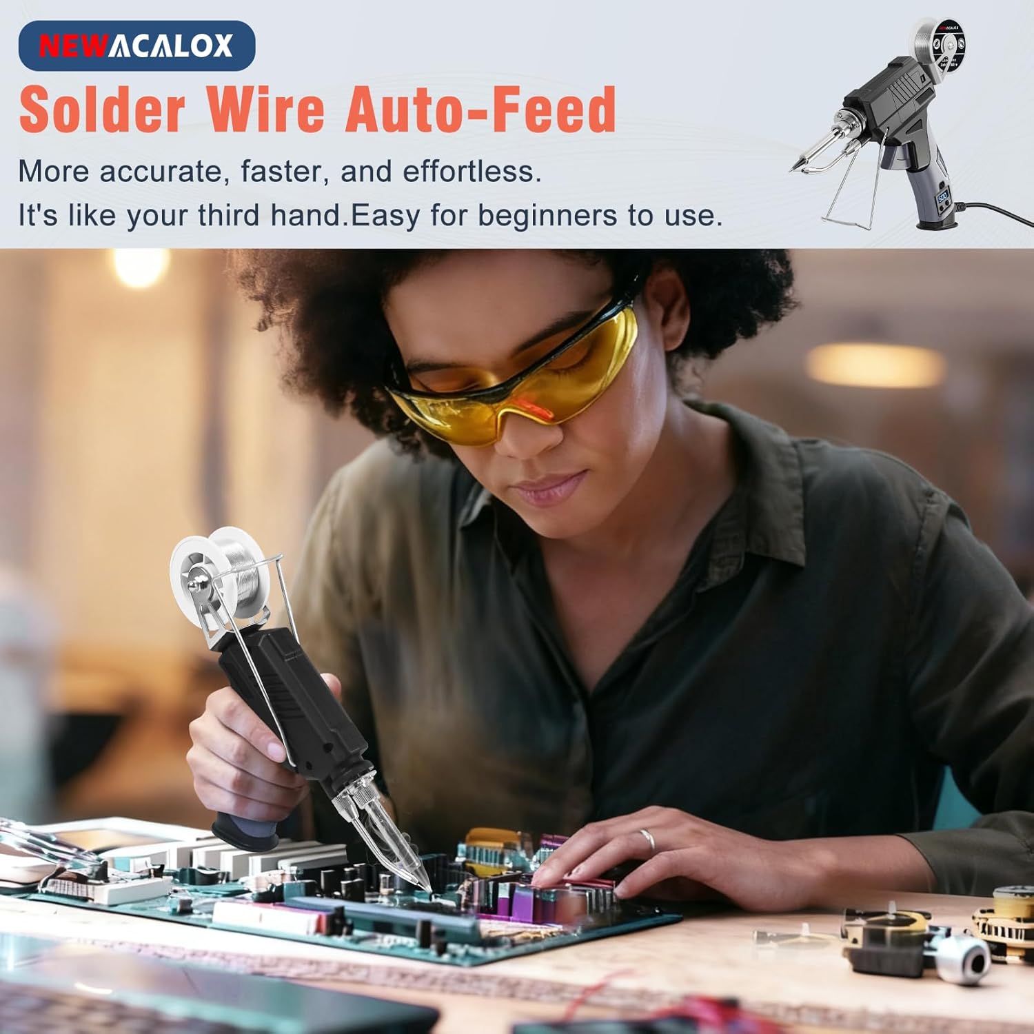 Soldering Iron Kit, Auto Feed Soldering Gun with LCD Display and ±1°C Precision Temp Control, 8-in-1 Set with Wire, Pump, Tip Cleaner, 5 Tips for Electronics Repair DIY, PCB, SMD
