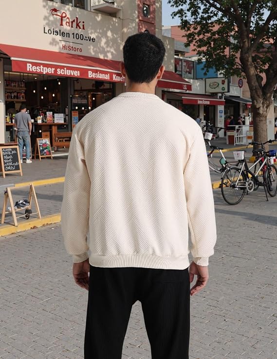 Men's Crewneck Pullover Sweatshirt Soild Color Geometric Texture Crewneck Sweatshirts
