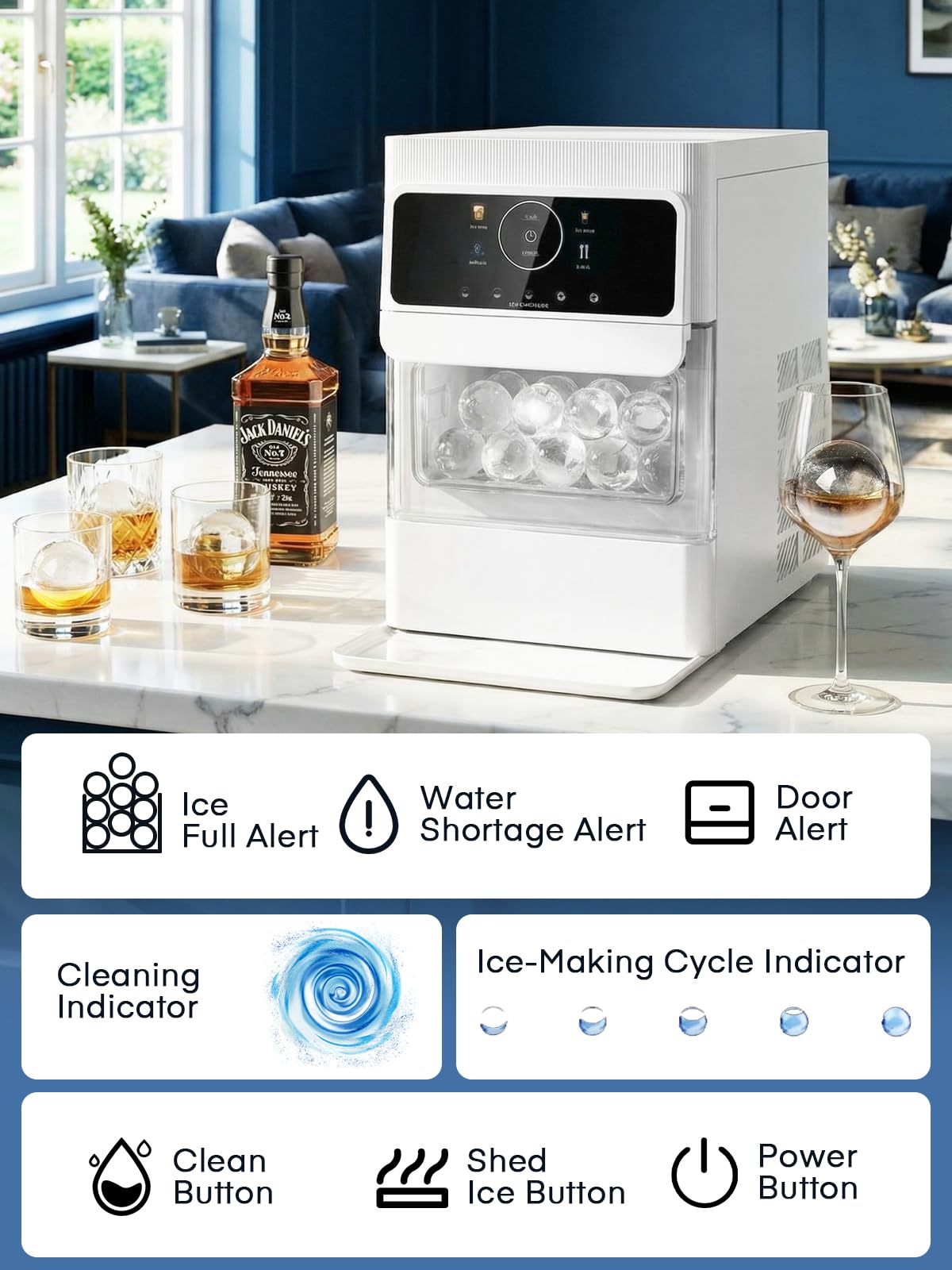 Eiswürfelmaschine für Eiskugeln, 2.5" Extragroßer Eishockeypuck, 3 Stk Transparente und Rissfreie Eiskugeln in 80 Min, LCD Touch-Panel & Selbstreinigender Eisballbereiter für Cocktail Whiskey Bourbon