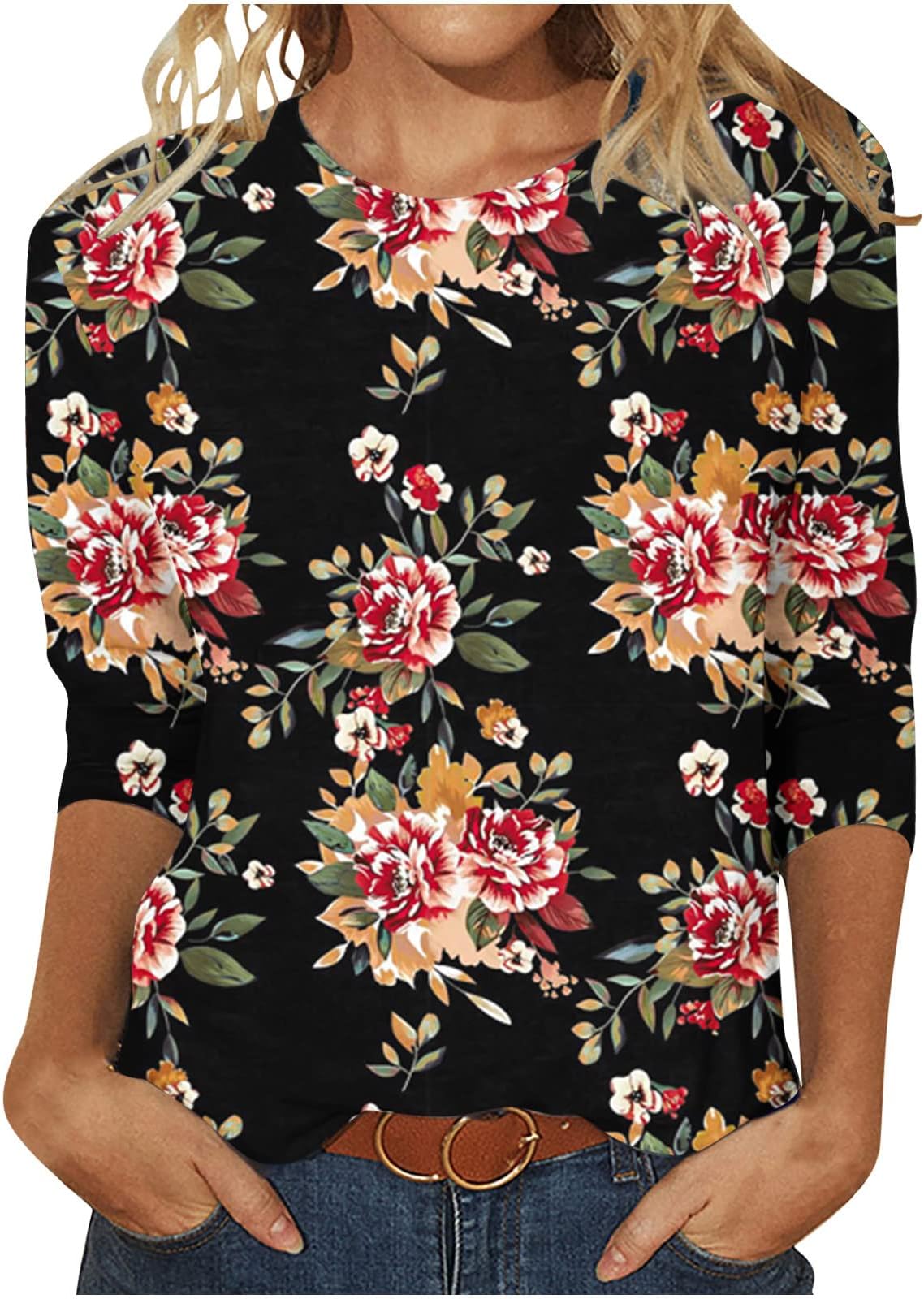GenericWomens Tops Dressy Casual Round Neck 3/4 Sleeve Shirts Tees for Women Three Quarter Sleeve Cute Spring Clothes Blouse