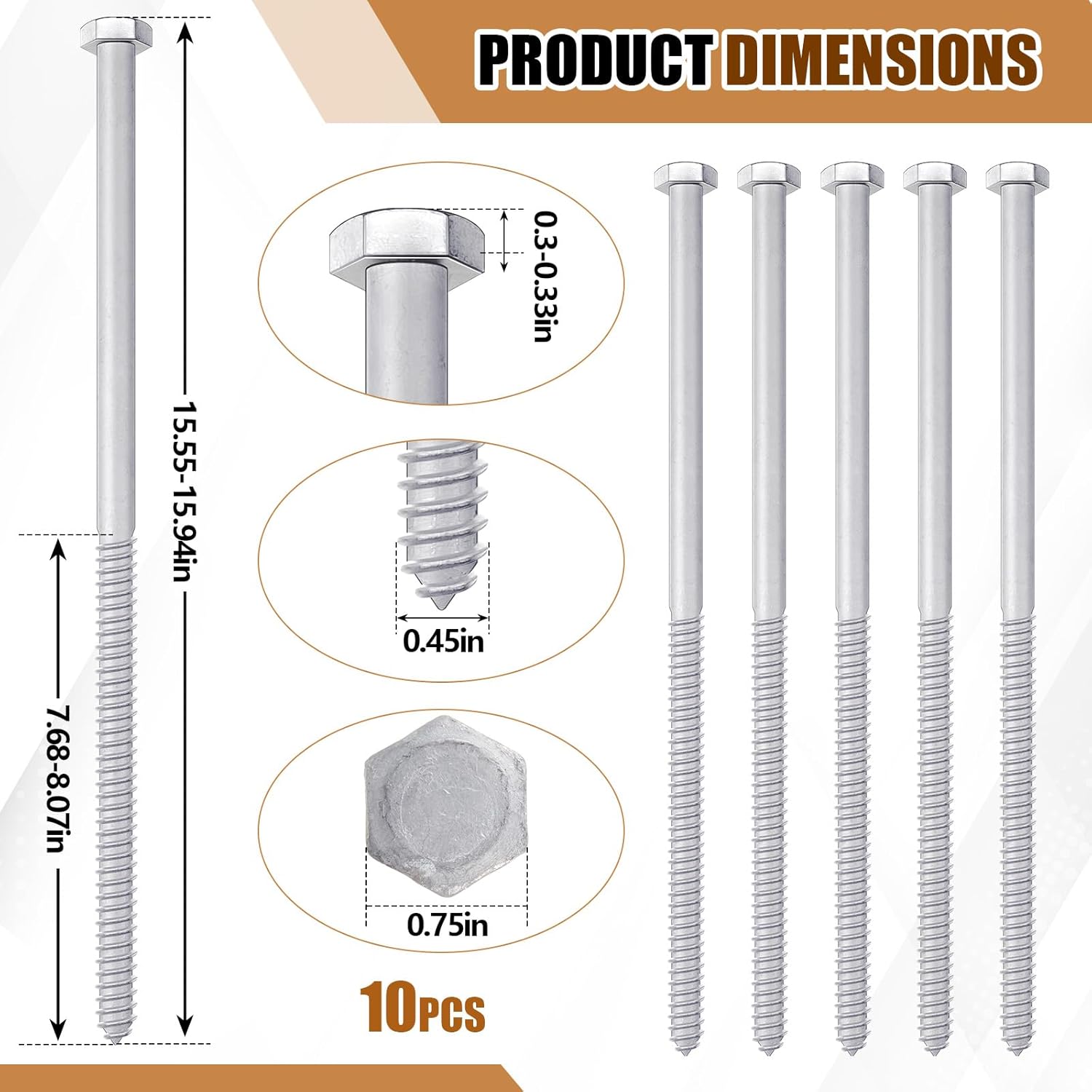 20 Pcs 1/2-inch x 16 Inch Hex Lag Screws, Hot Dip Galvanized, Heavy-Duty Lag Bolts Screws for Wood to Wood Joints, Masonry, Deck Framing, Retaining Walls