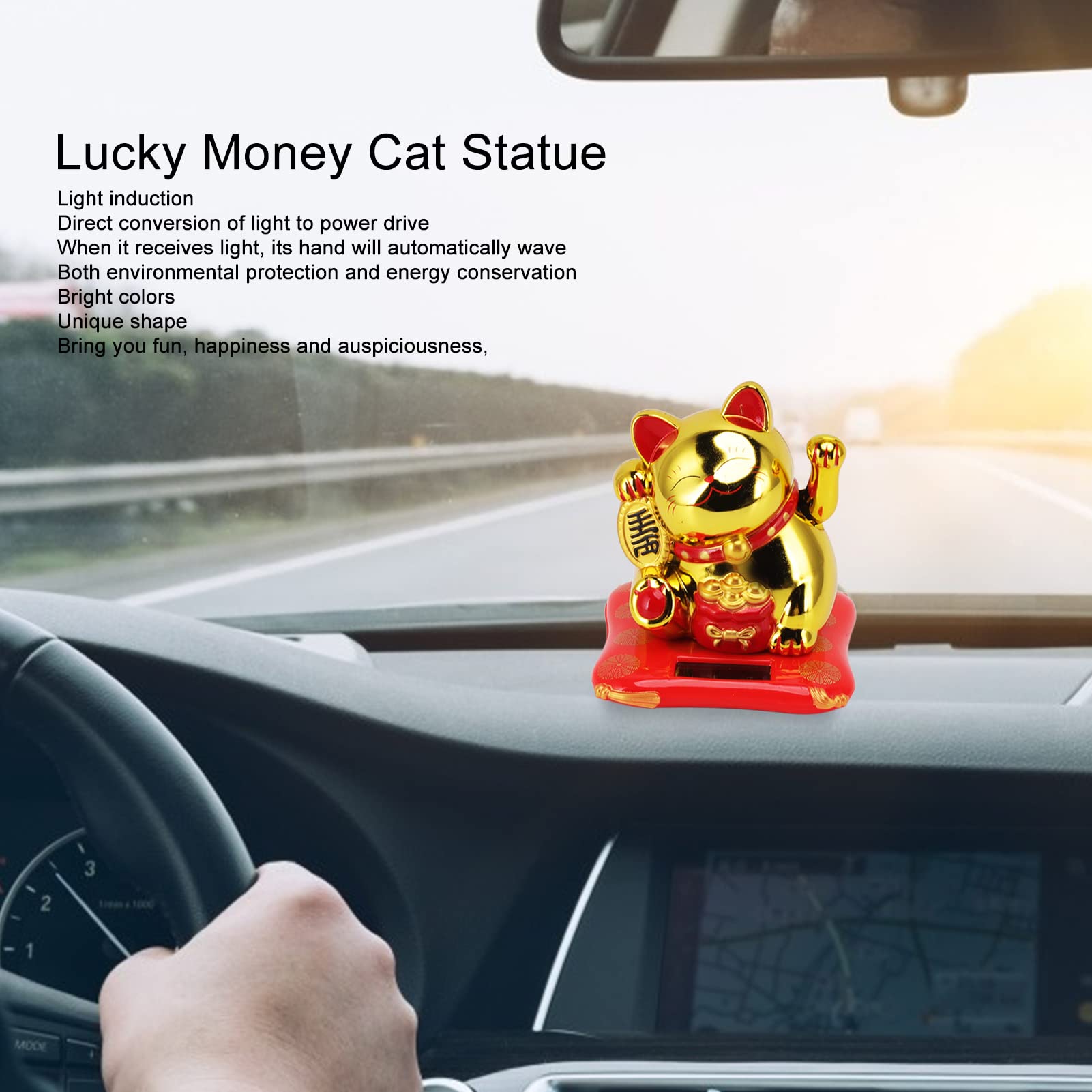 Solar Powered Lucky Waving Cat, Chiński Wealth Lucky Cat Waving Arm Solar Fortune Cat Statue, Beckoning Waving Arm Fortune Lucky Cat for Decorating Front Desk Car Business Opening (Złota Torba Błogosławieństwa)
