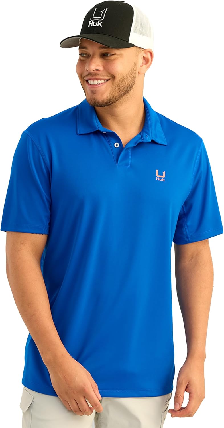 HUK Mens Icon Polo Fishing Shirt with +50 UPF Sun Protection, Ocean Blue, 3X-Large