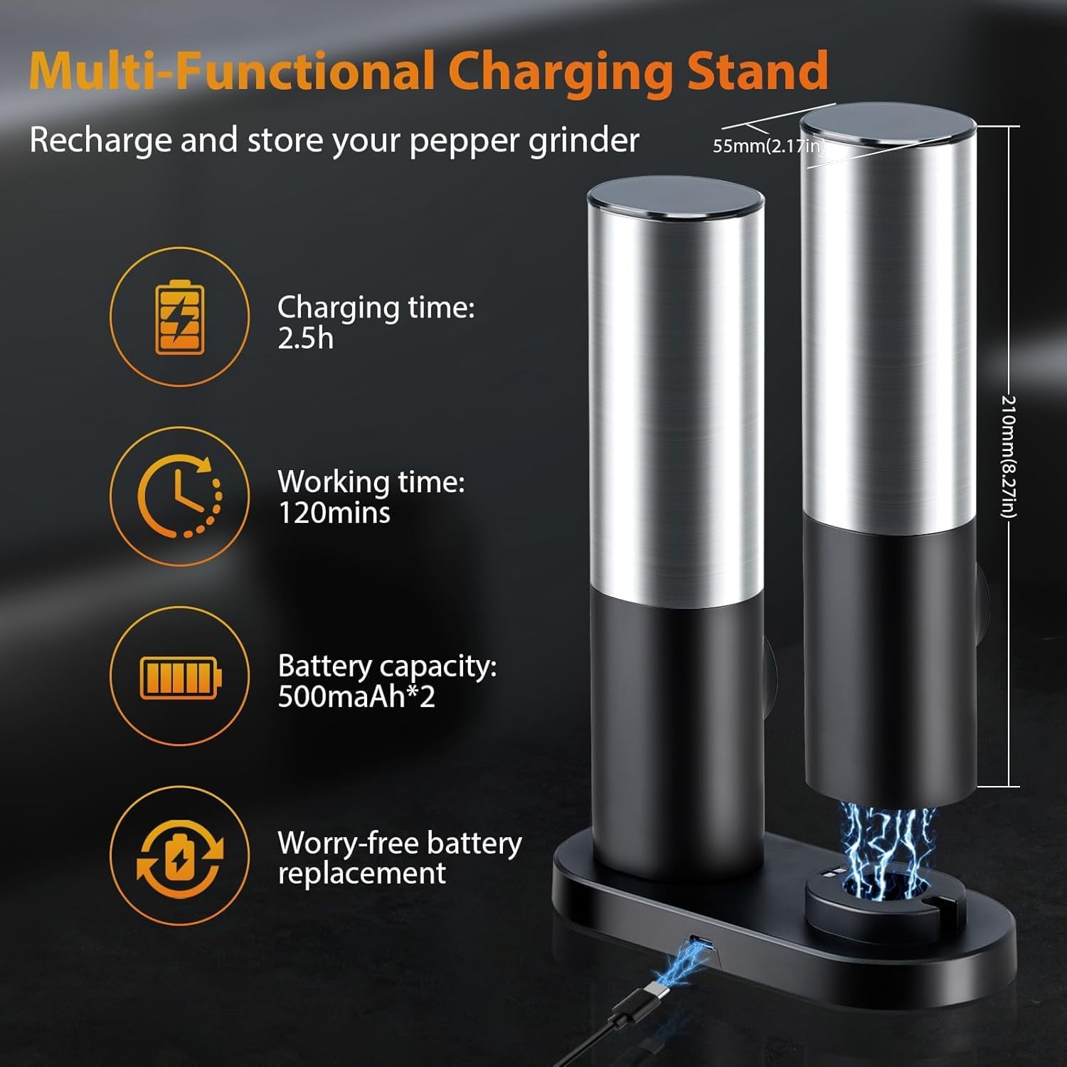 Electric Salt and Pepper Grinder Set Rechargeable, USB Charging Stand, Automatic Spice Mill Shakers Refillable, One Handed Operation, Adjustable Coarseness, LED Light