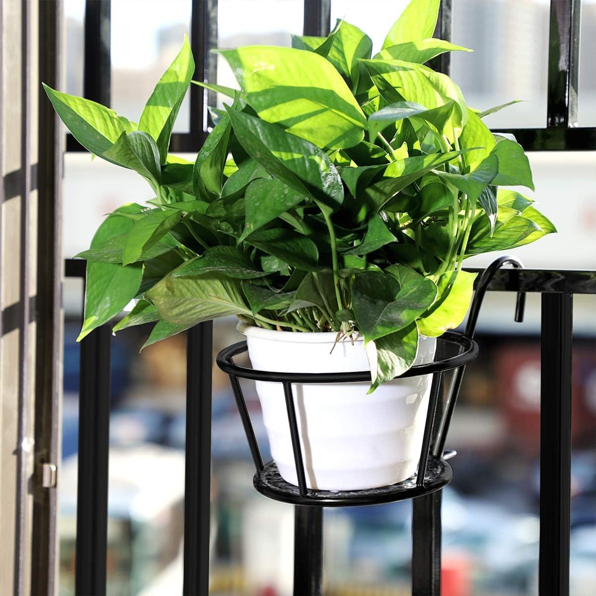 2 Pack Metal Railing Planter Holder, Hanging Flower Stand, Multipurpose Hanging Planters Basket, Iron Balcony Deck Fence Flower Plant Pots Holder for Indoor Outdoor Use (2PCS)