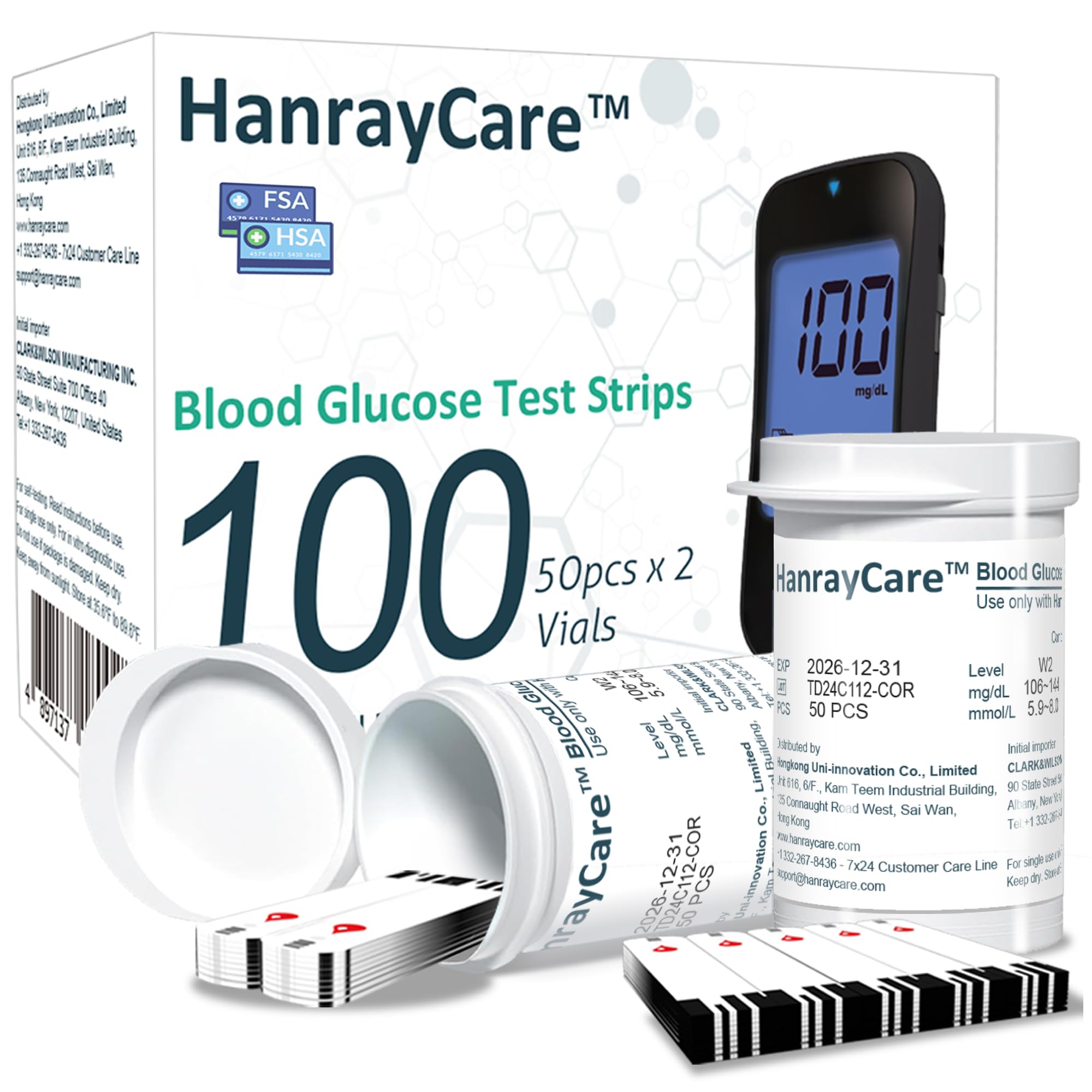 TD-4125 Blood Glucose Test Strips for Diabetes, 100 Count Blood Sugar Test Strips, Designed for Use with HanrayCare Glucose Monitoring System, Accurate Self-Testing, No Coding Required