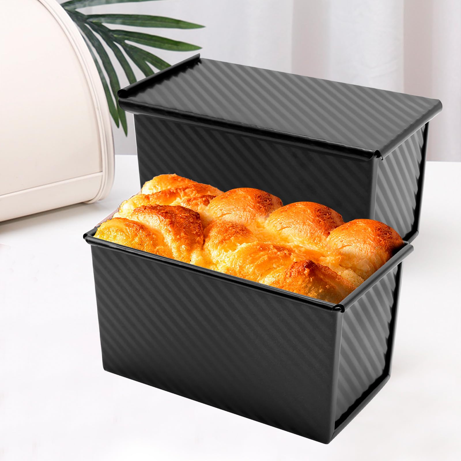 2xKastenform mit Deckel, 0.5 kg Antihaft-Brotpfanne, Backgeschirr, langlebige Karbonstahl, Brot-Toastform, Karbonstahl, hausgemachte Kuchen, Backen von Brot und Hackbraten (schwarz)