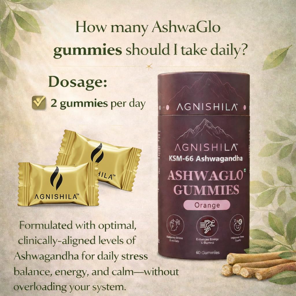 KSM-66 AshwaGlow Gummies | Agnishila KSM-66 Aswagandha Gummies | Reduces Anxiety, Deep Calm & Relaxation, Improves Sleep Quality | No Added Sugar | Pack of 60 — Amazon image 3