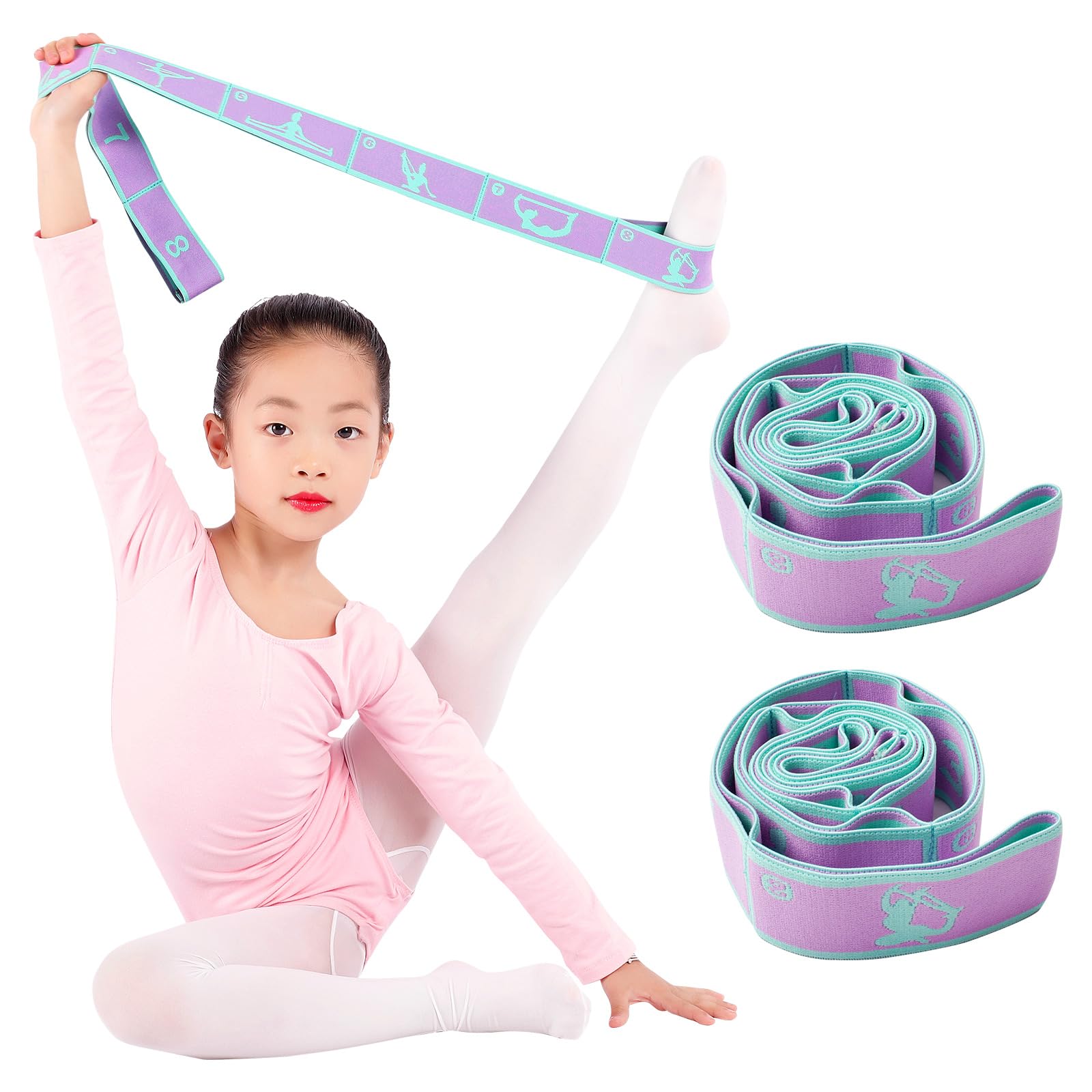 2 Pcs Stretching Strap for Kids Dancing,Elastic Yoga Stretch Strap,8 Loops Stretching Strap Mainly used for Dance,Pilates,Yoga & Gymnastics Exercise for Children (Purplue)