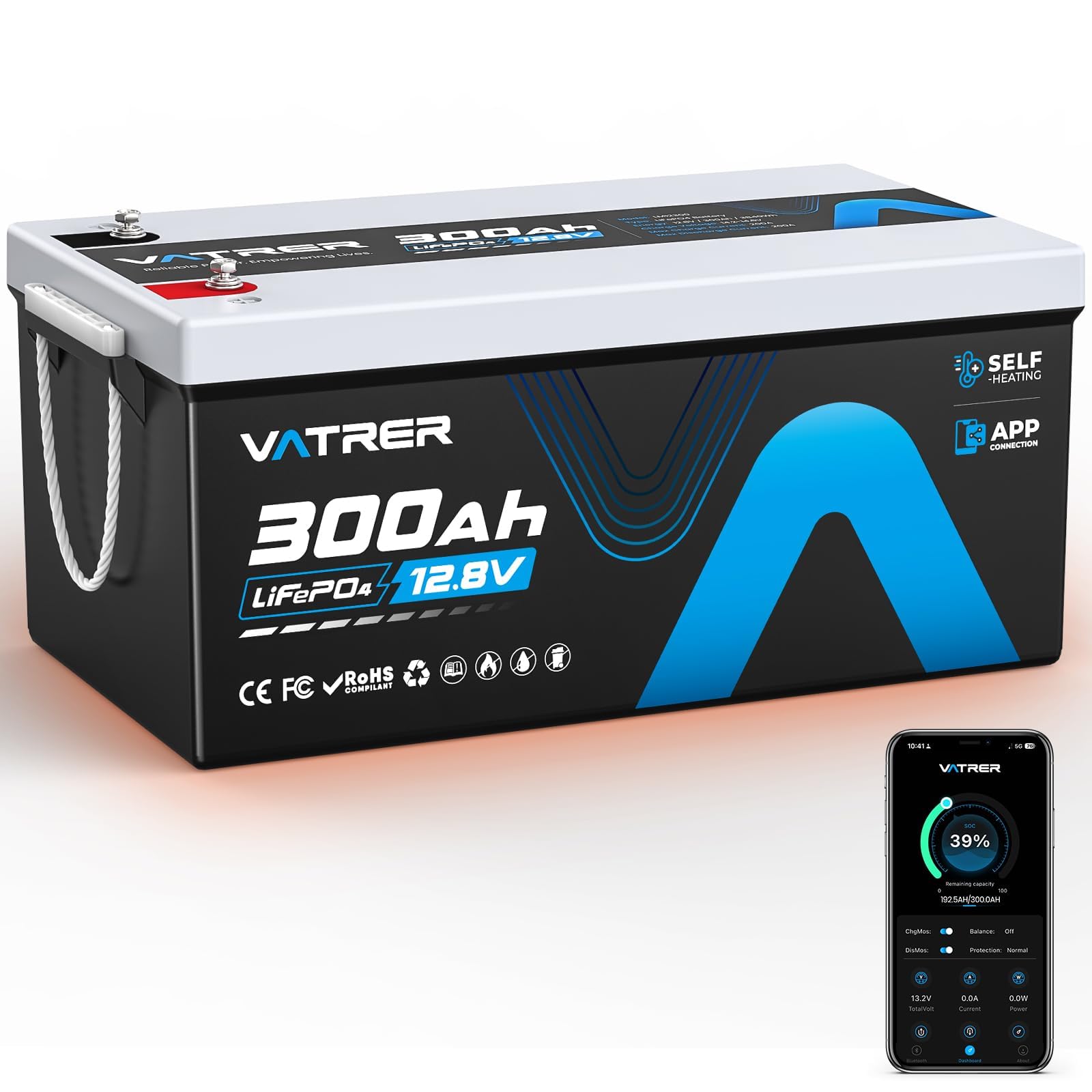 VATRER POWER 12.8V 300Ah LiFePO4 Batterie mit Selbstheizung | Bluetooth APP·200A Smart BMS·3840Wh nutzbare Energie·5000+ Zyklen·Für Wohnmobil, Caravan, Off-Grid-Solaranlagen & Camping